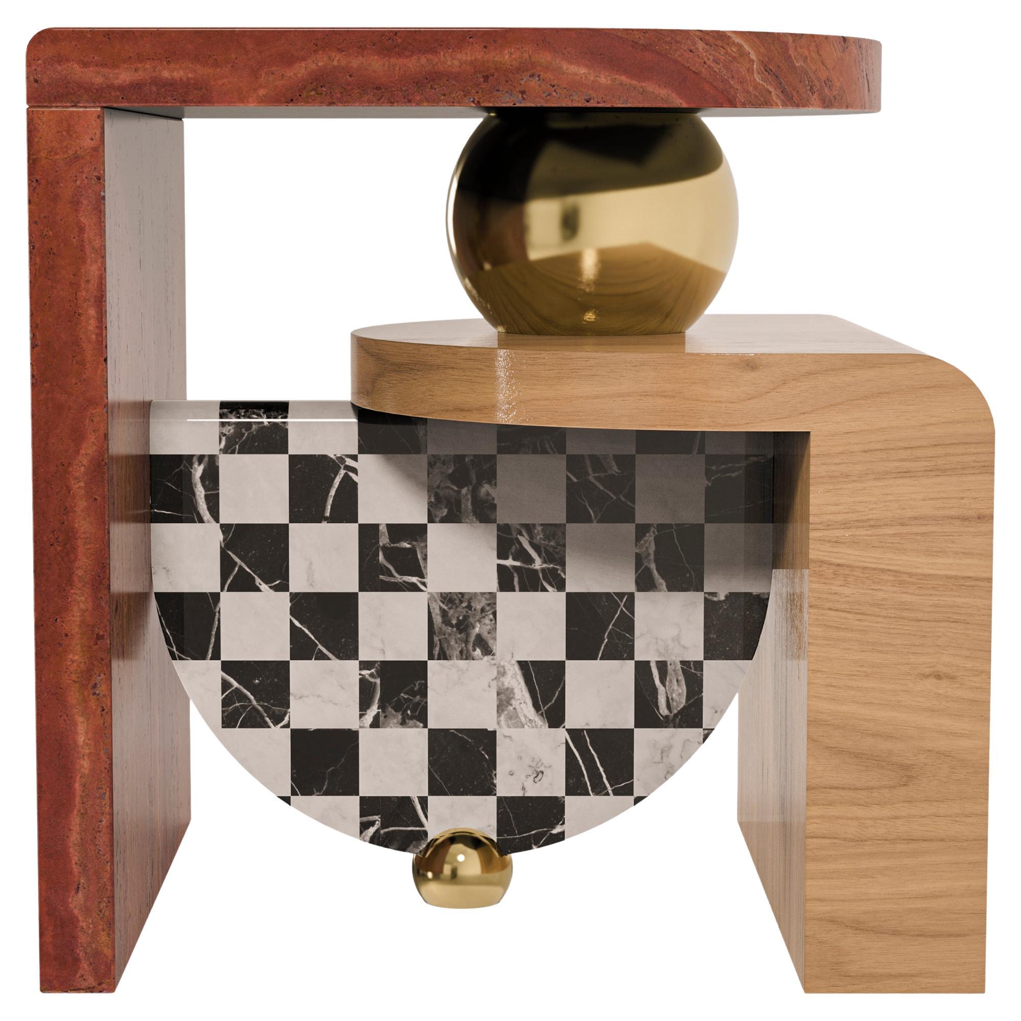 Memphis-Inspired Bohld Side Table Travertine Rosso Oak Marble by Malabar For Sale