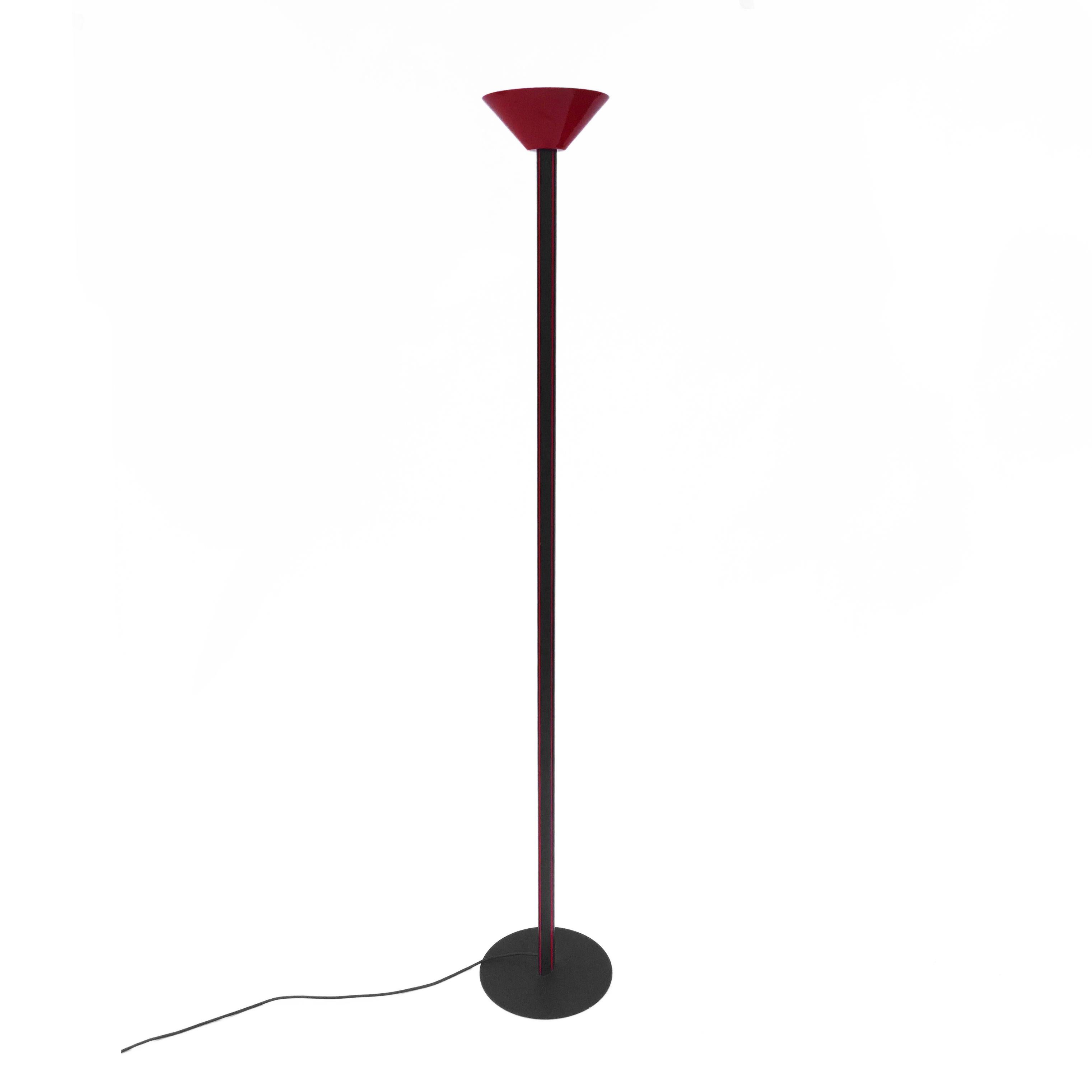 Pair of Memphis Milano-inspired floor lamps in black matte powder coated paint, with red stripes and red lacquered cone shaped shades. Halogen lights. Please note that the price is per lamp, but they could be sold together.

Please contact us for