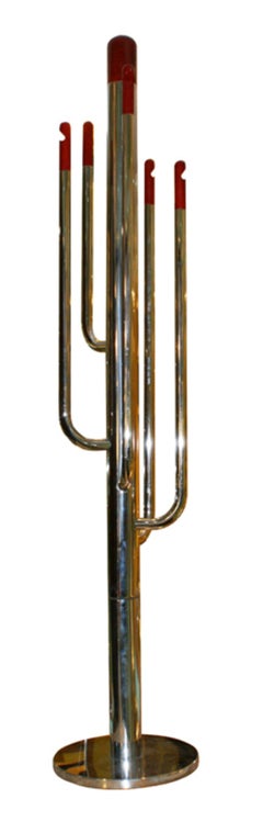 Memphis Milano vintage chrome coat rack with red wood nserti 1970s