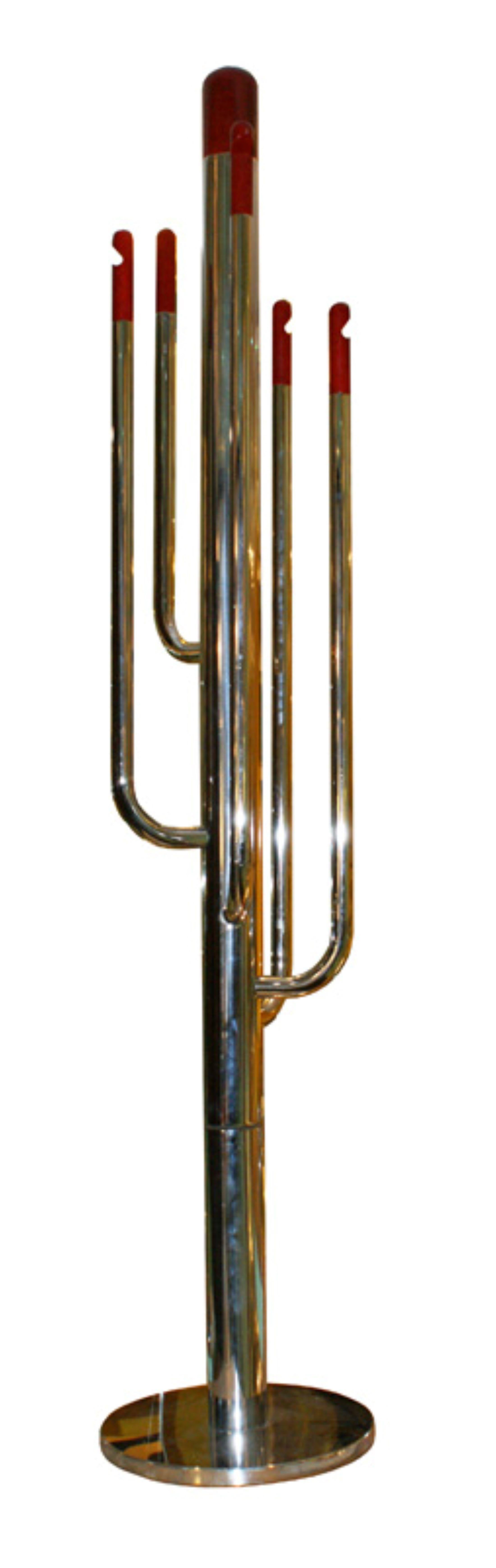 Memphis Milano vintage chrome coat rack with red wood nserti 1970s For Sale 1