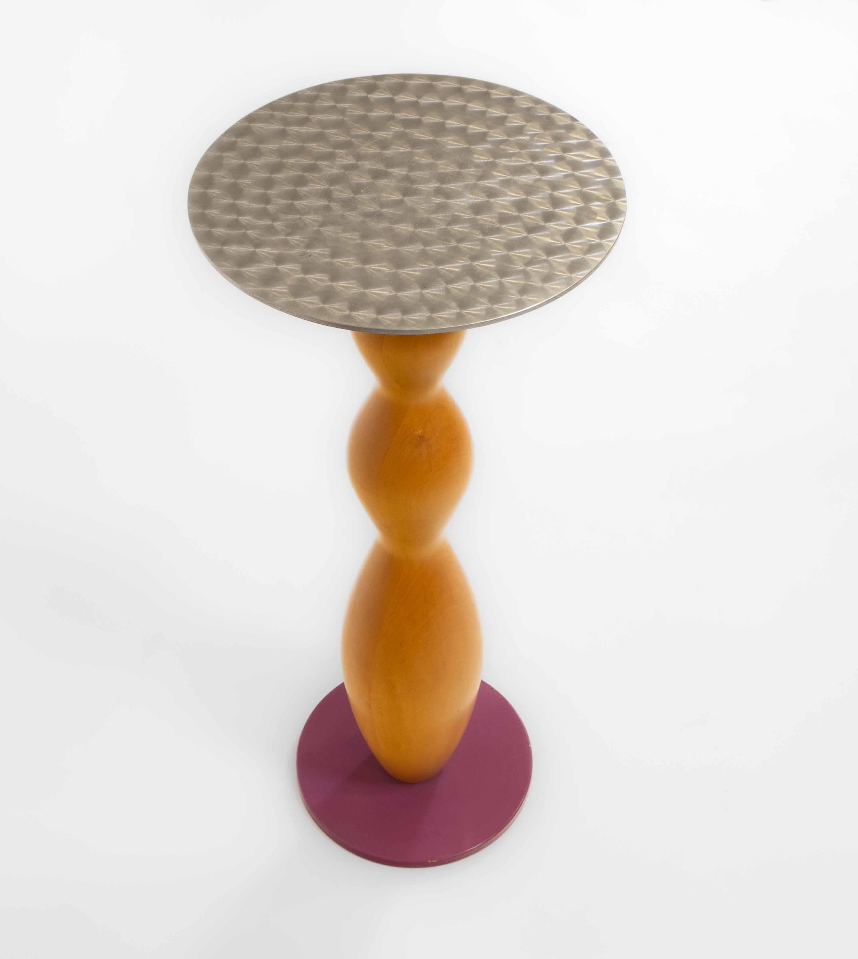 A Cleopatra side table designed by Marco Zanuso Jr in 1987 for Memphis Milano. Applied metal manufacturer's label 