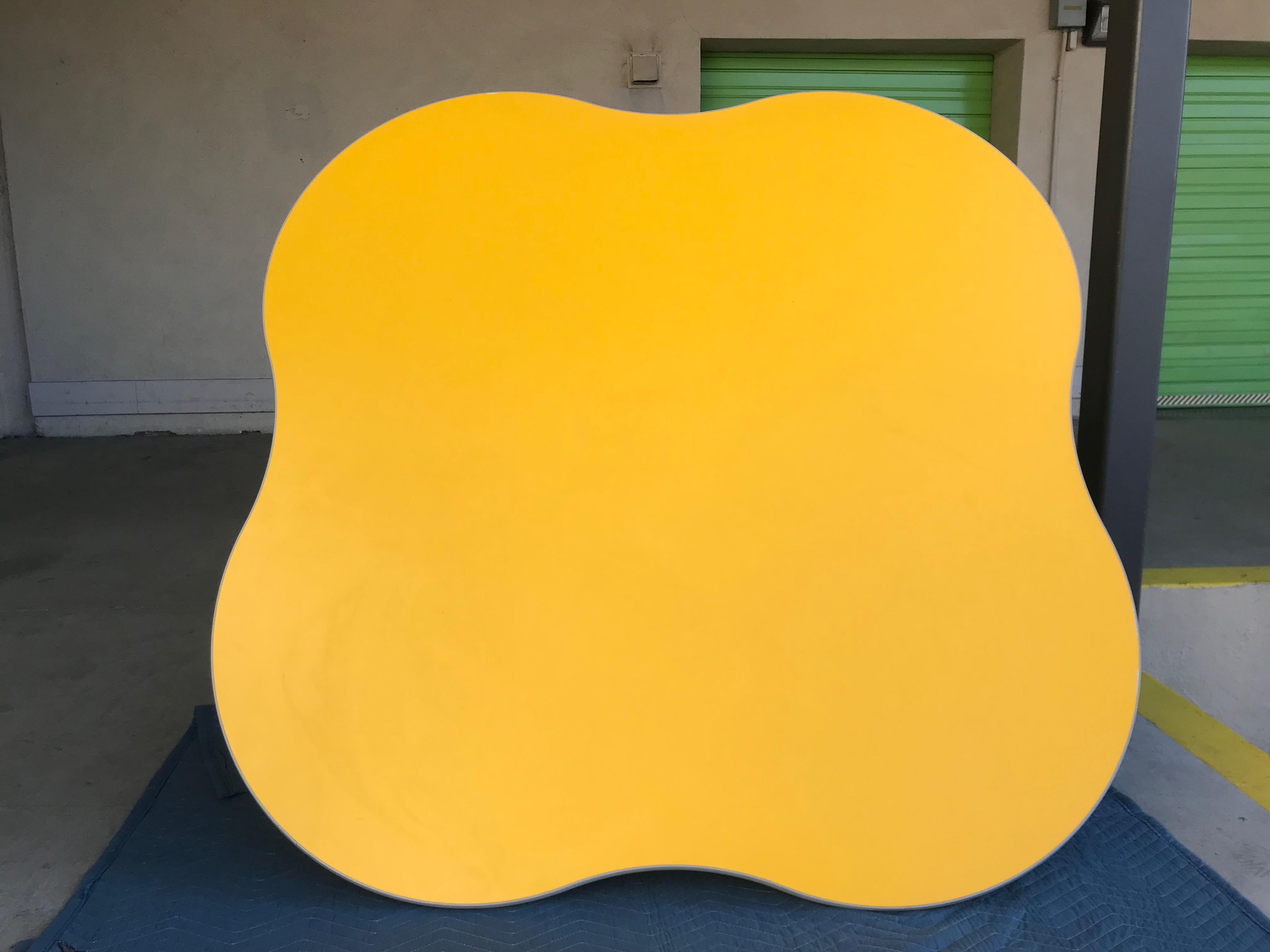 Fun piece of furniture design.
Bright whimsical lemon yellow laminate top with grey rubber trim, galvanized steel legs.
Original vintage condition with minor wear and patina, barely visible scratch on the top with minor scuffs on the base.
No major