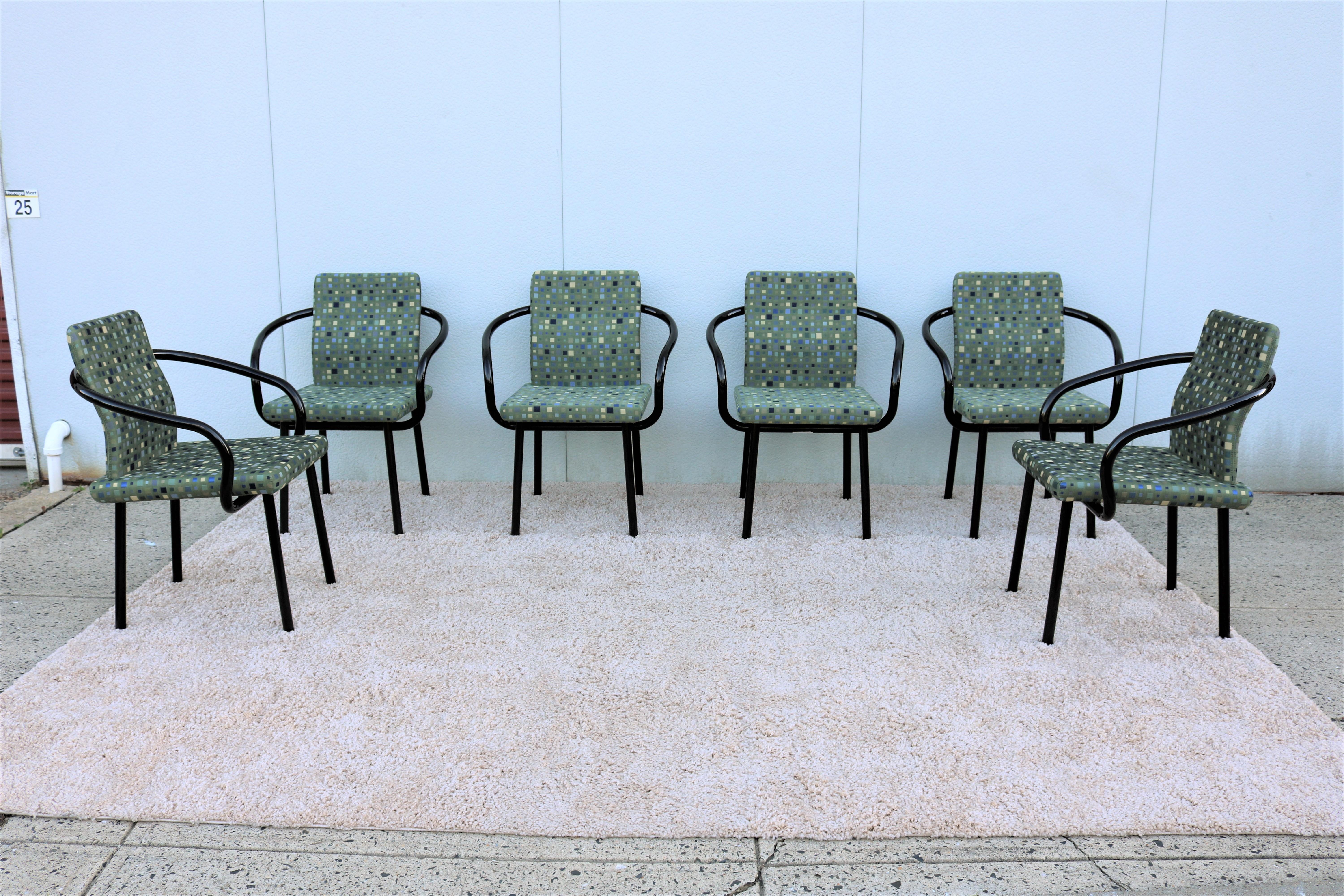 Fabulous and authentic Ettore Sottsass Mandarin armchairs set of 6. The Austrian born Ettore Sottsass has been one of the leading Italian designers of the last few decades, in 1980s he become widely celebrated for his bold, colorful and flamboyantly