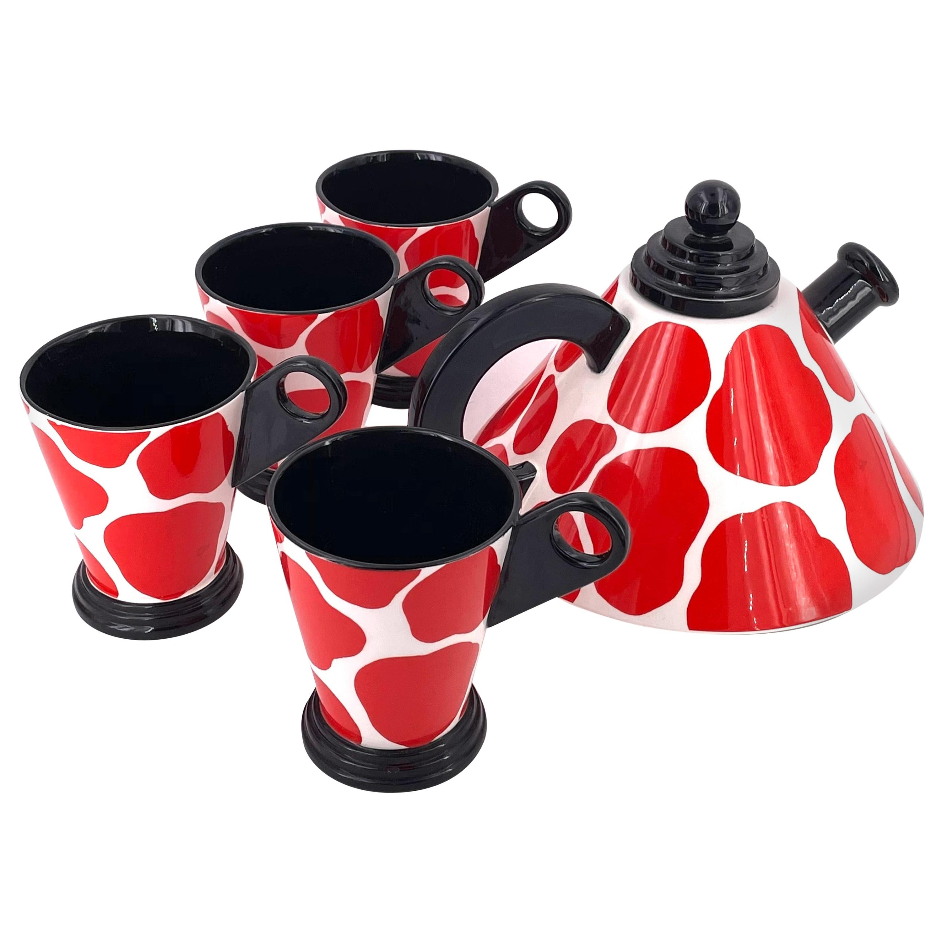 Memphis Postmodern Porcelain Teapot and Cups by Fitz & Floyd, 1985