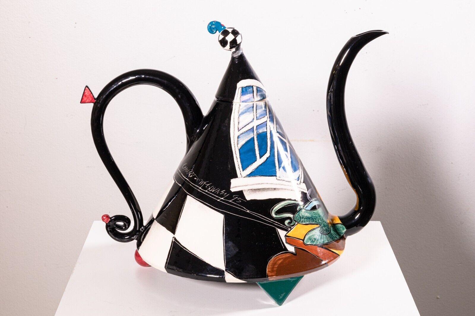 20th Century Memphis Style Artis Signed McGovney Camarot Teapot & 2 Tea Cups