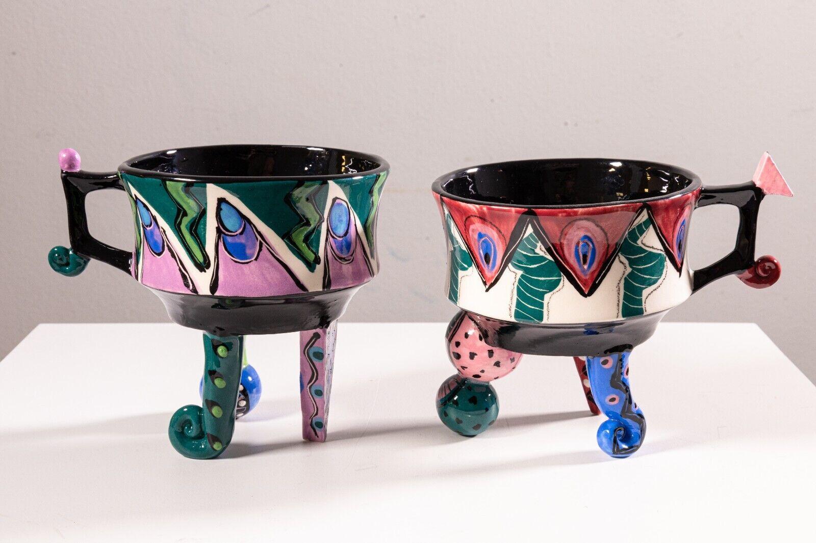 Memphis Style Artis Signed McGovney Camarot Teapot & 2 Tea Cups 2