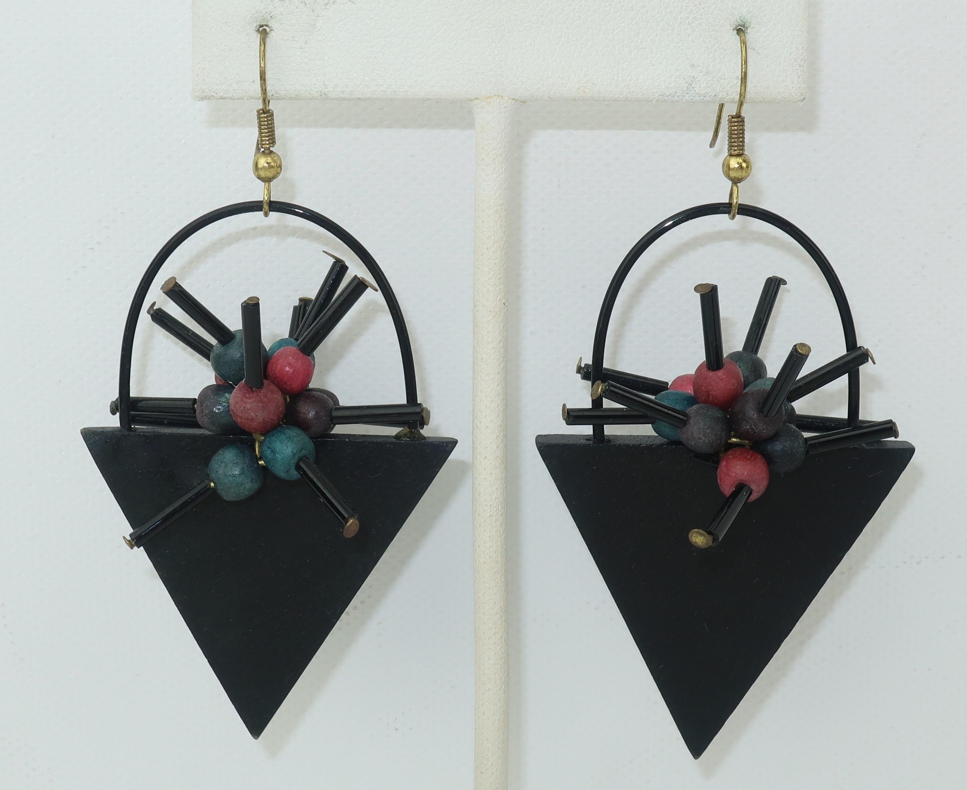 Women's Memphis Style Atomic Wood Dangle Earrings, 1980’s