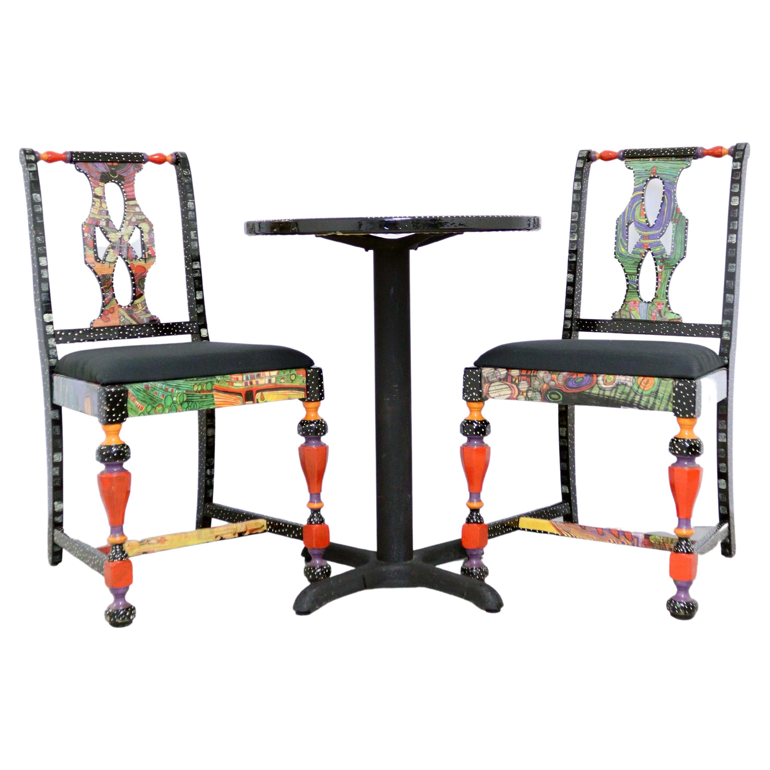 Memphis Style Bistro Table & 2 Chairs Hand Painted Multi Color 1980 Modern