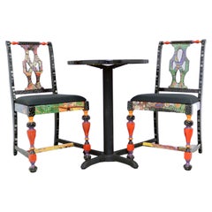 Retro Memphis Style Bistro Table & 2 Chairs Hand Painted Multi Color 1980 Modern