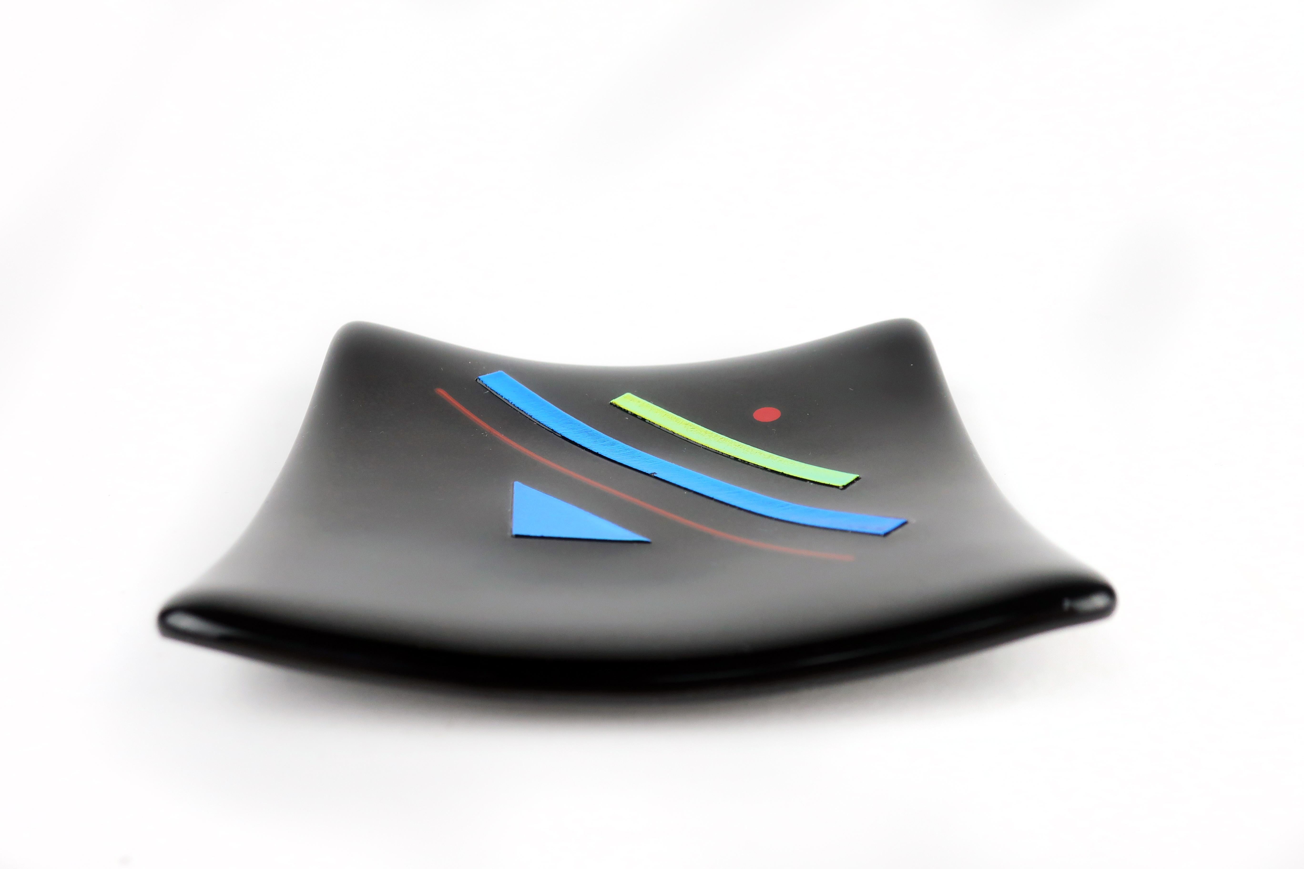 Modern Memphis Style Black Art Glass Dish