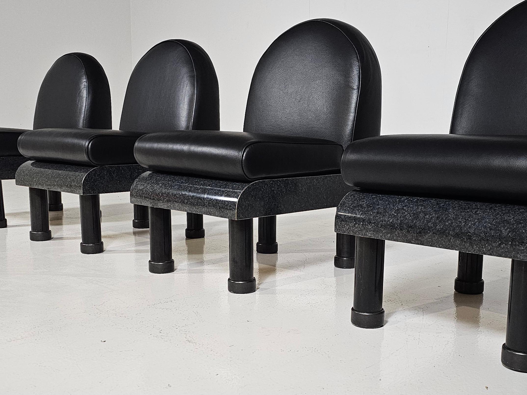 Mid-Century Modern Memphis style black leather lounge chairs in the manner of Ettore Sottsass, 1980 For Sale