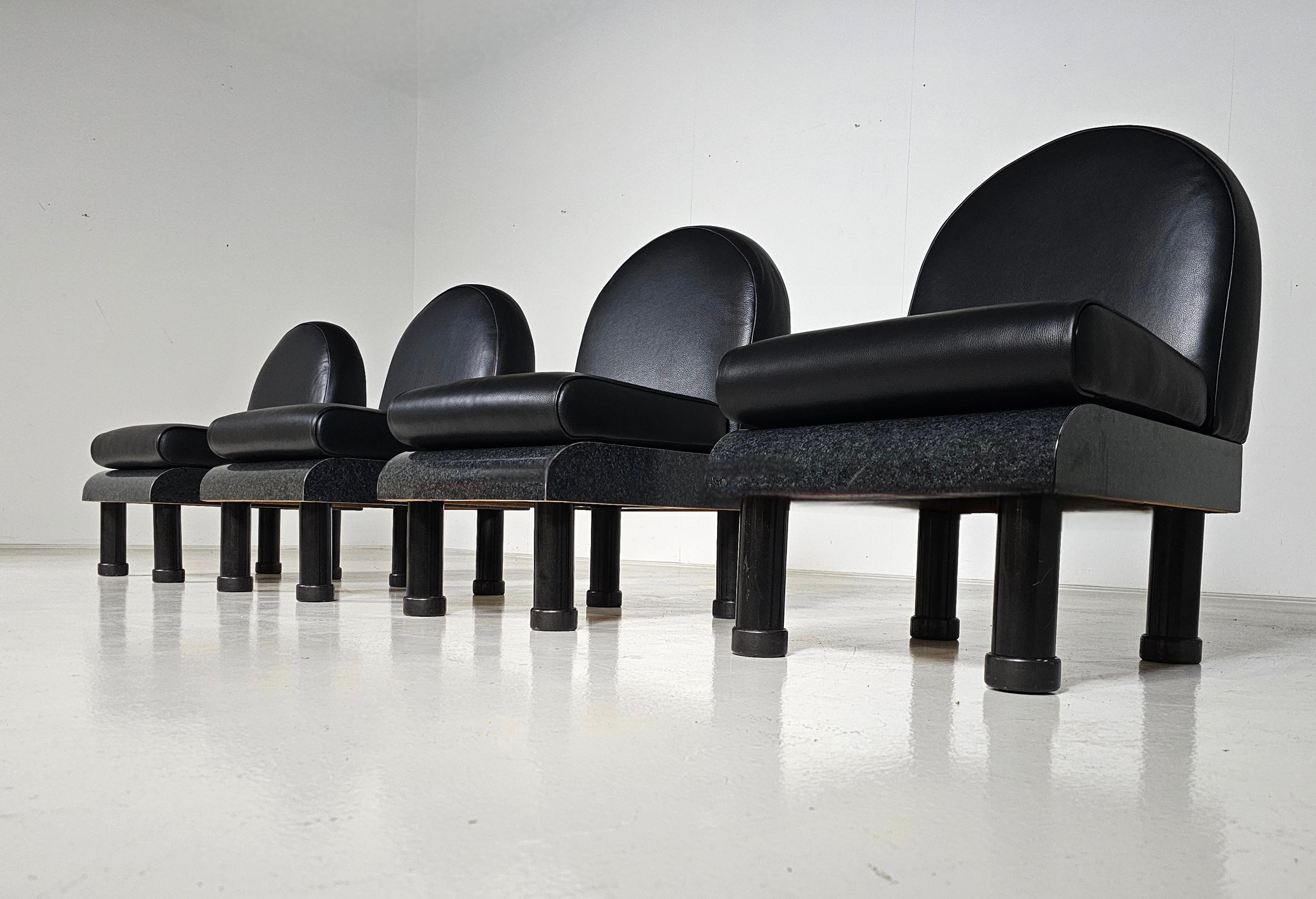 European Memphis style black leather lounge chairs in the manner of Ettore Sottsass, 1980 For Sale