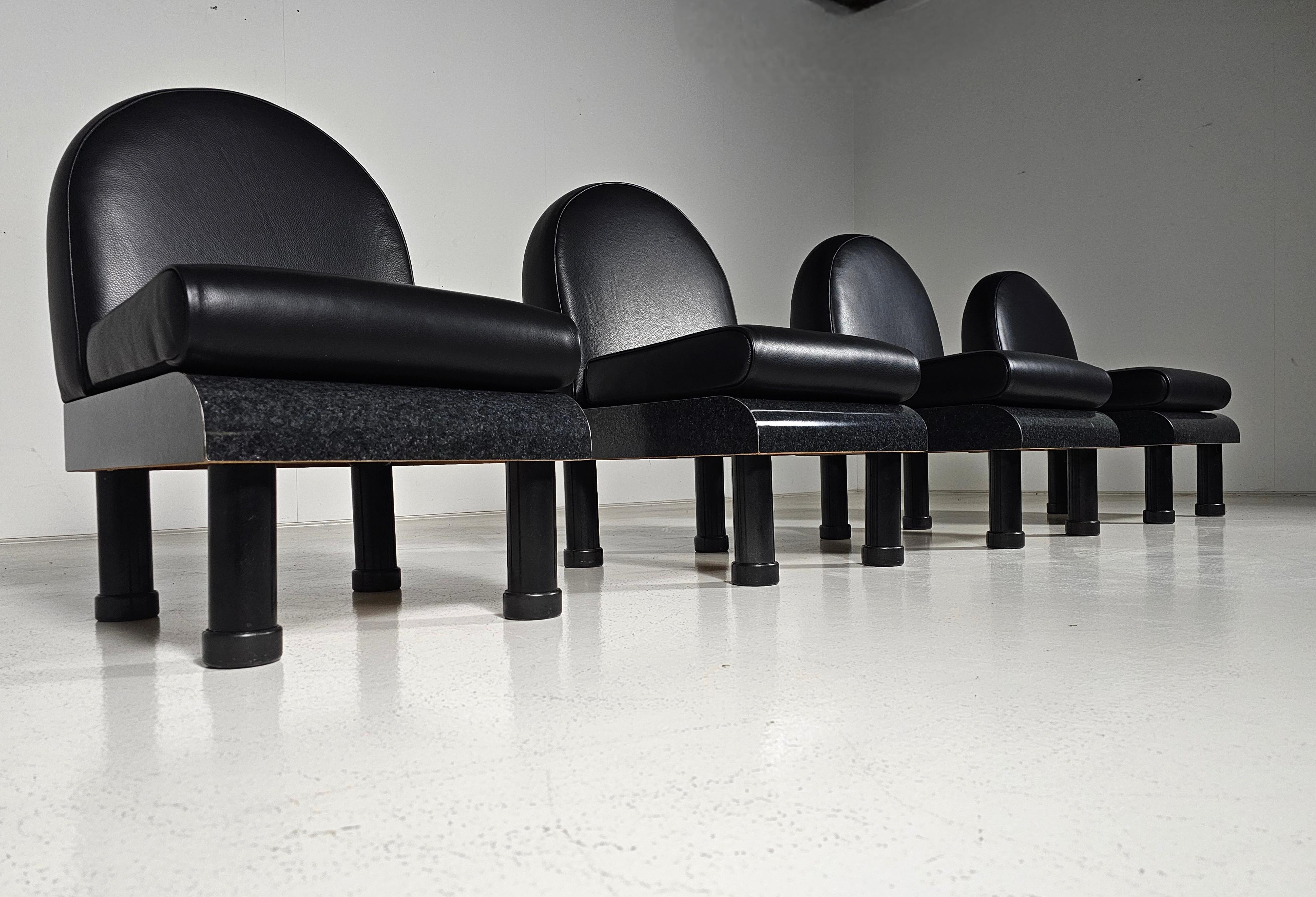 Memphis style black leather lounge chairs in the manner of Ettore Sottsass, 1980 In Good Condition For Sale In amstelveen, NL