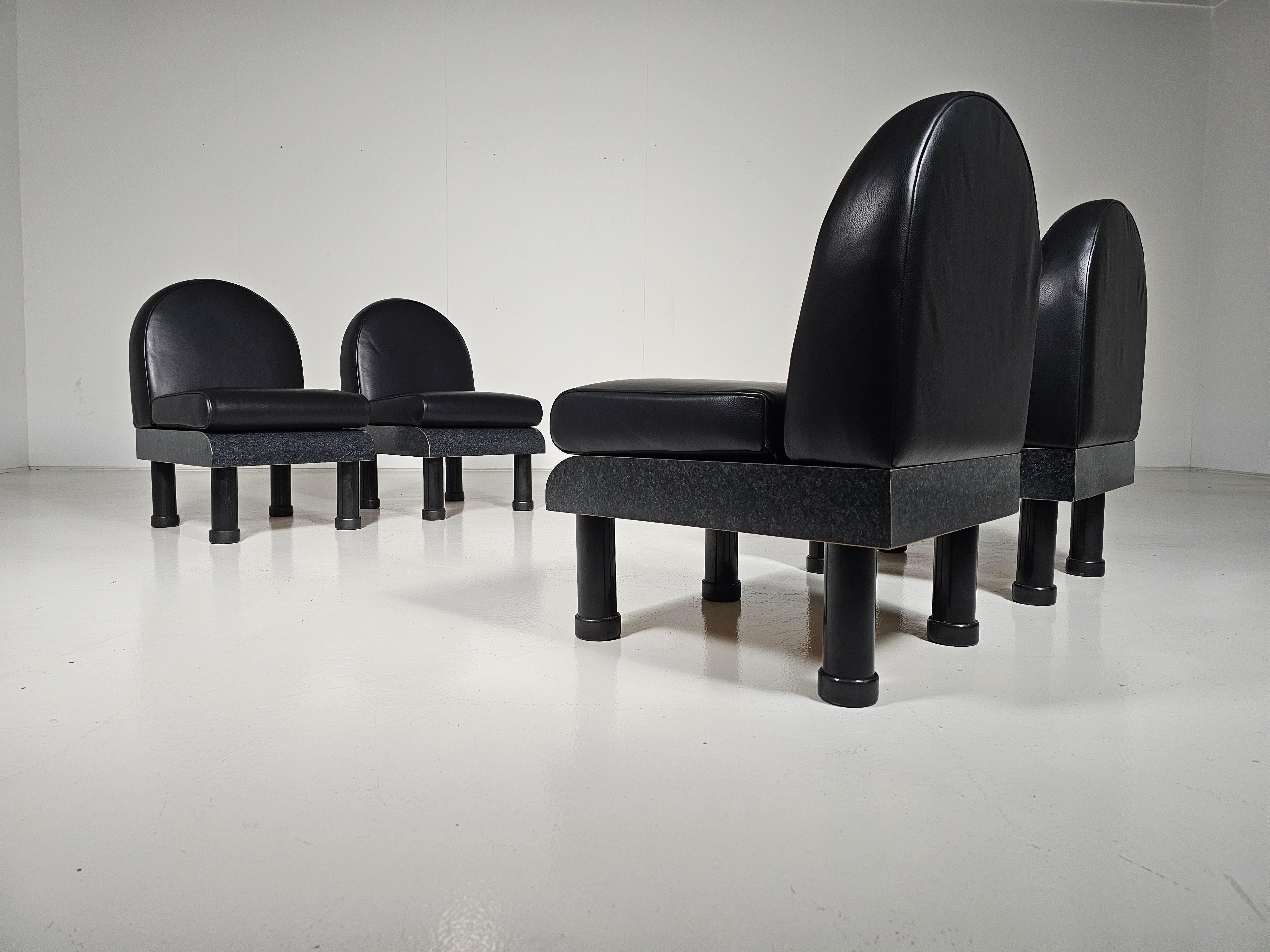 Leather Memphis style black leather lounge chairs in the manner of Ettore Sottsass, 1980 For Sale