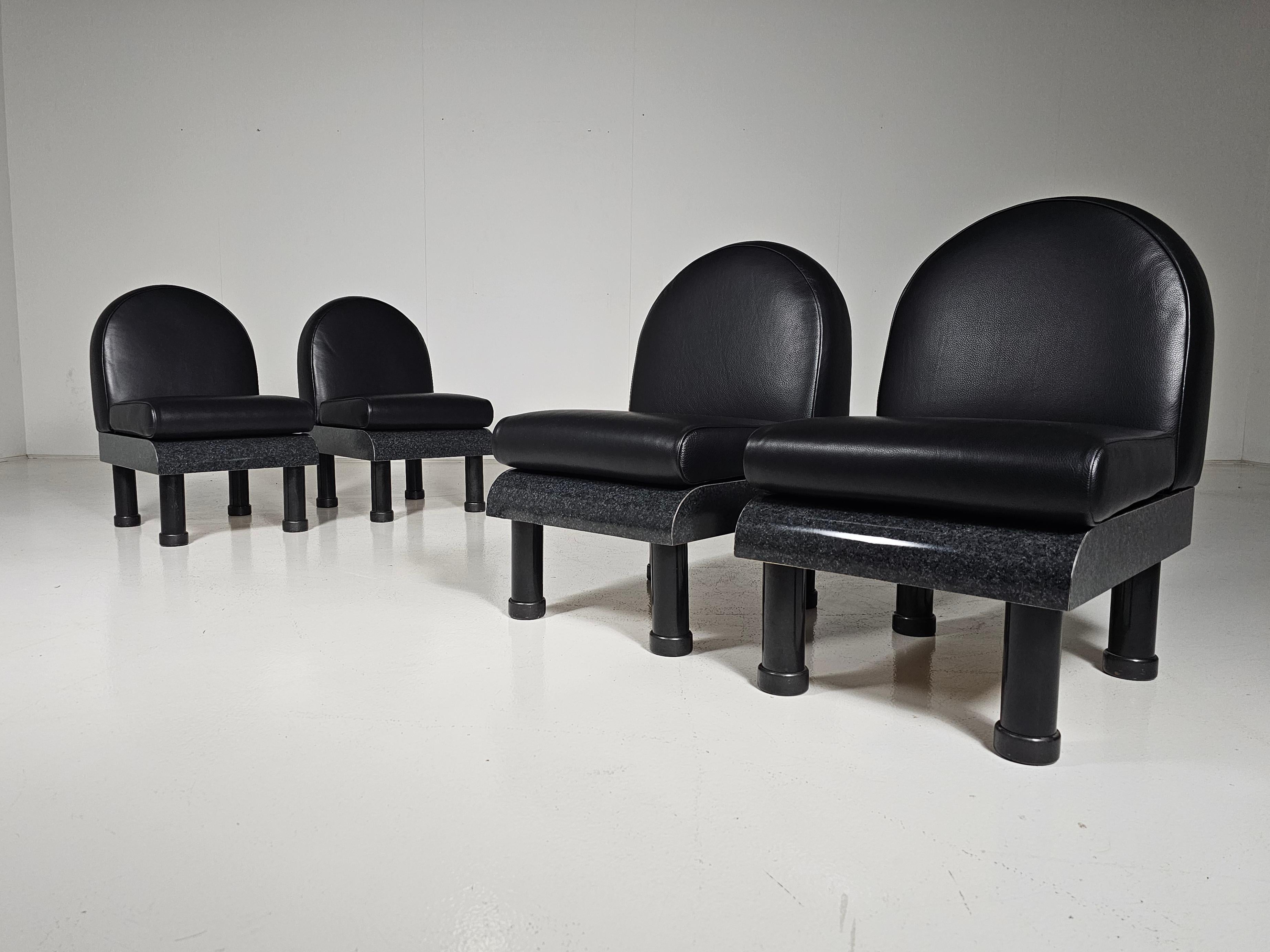 Memphis style black leather lounge chairs in the manner of Ettore Sottsass, 1980 For Sale 1