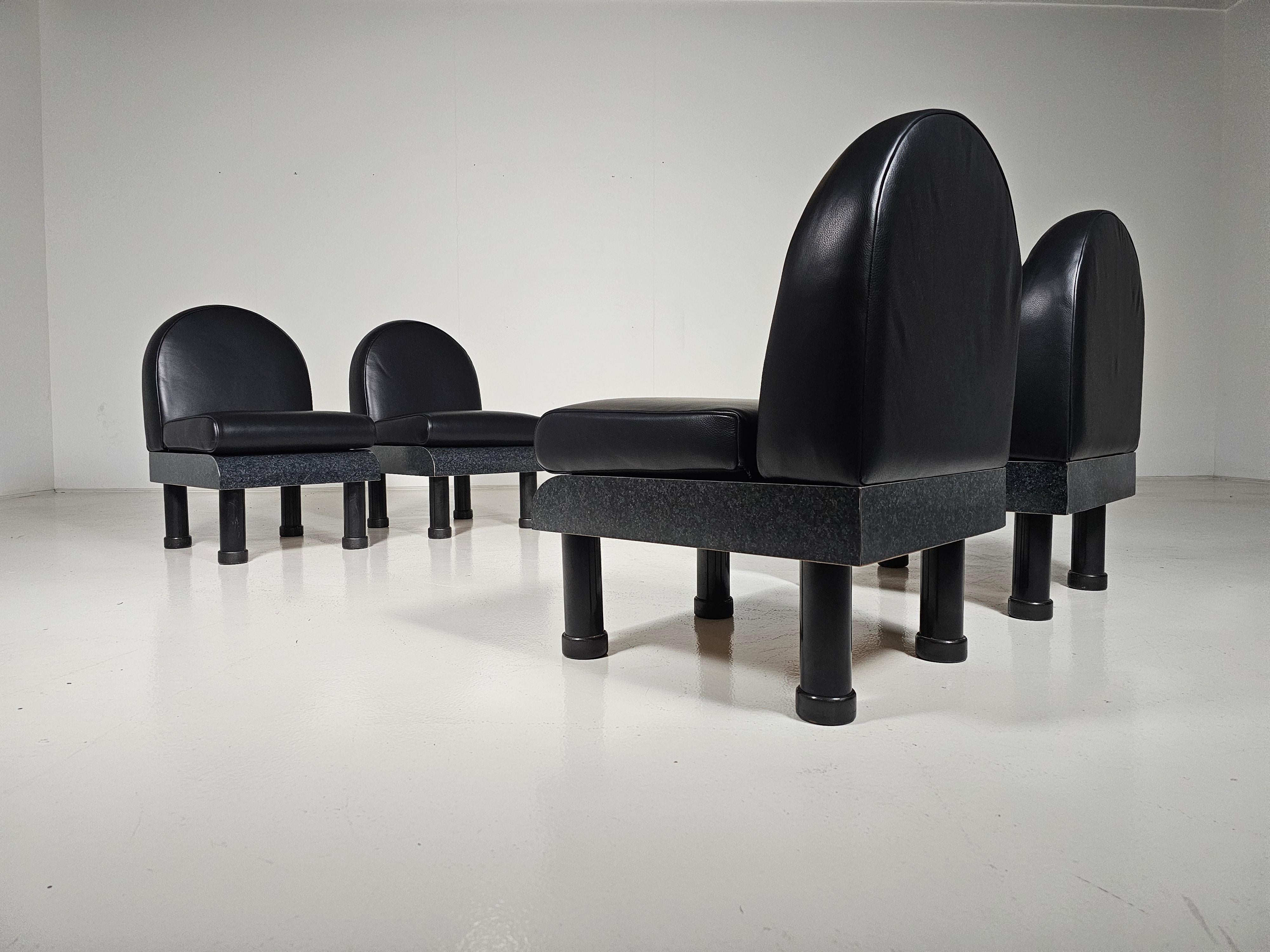 Memphis style black leather lounge chairs in the manner of Ettore Sottsass, 1980 For Sale 1