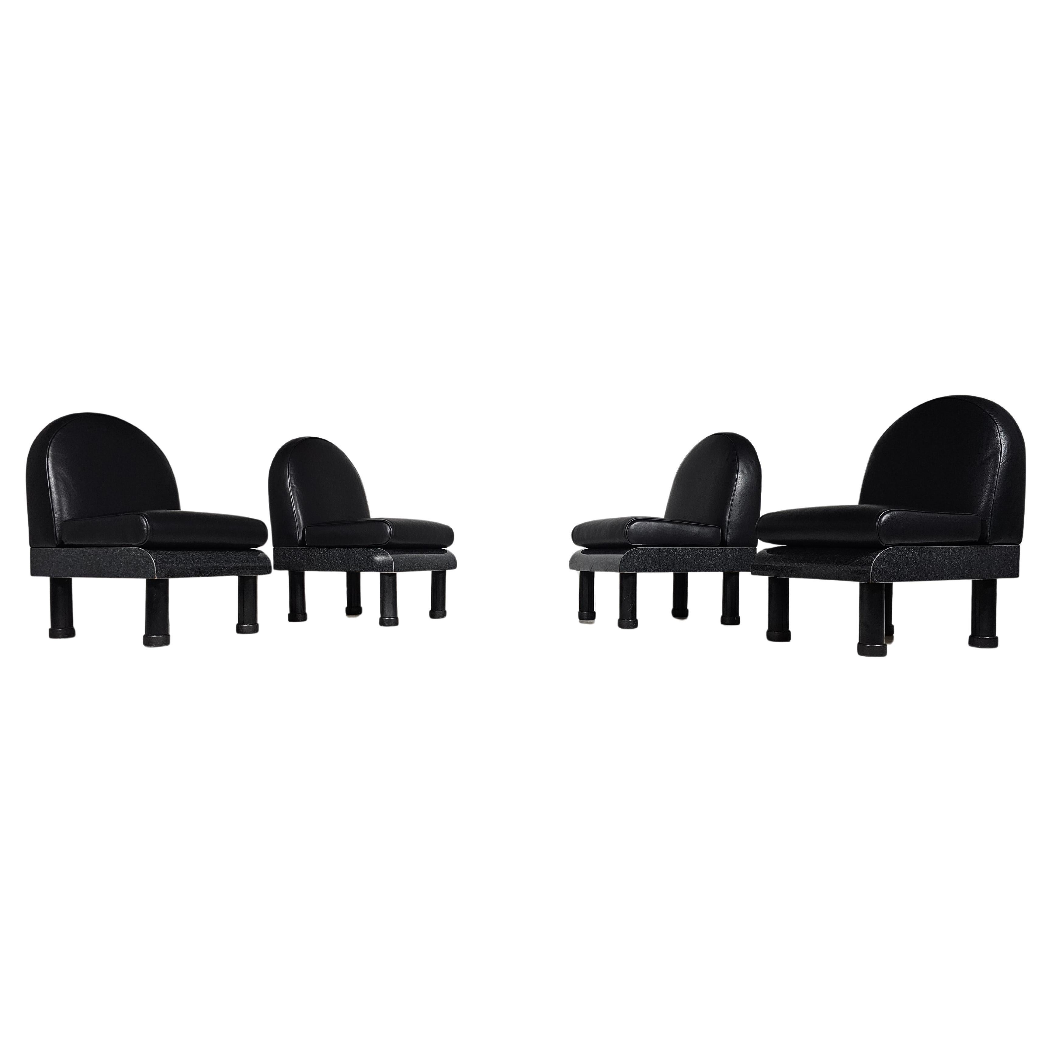 Memphis style black leather lounge chairs in the manner of Ettore Sottsass, 1980