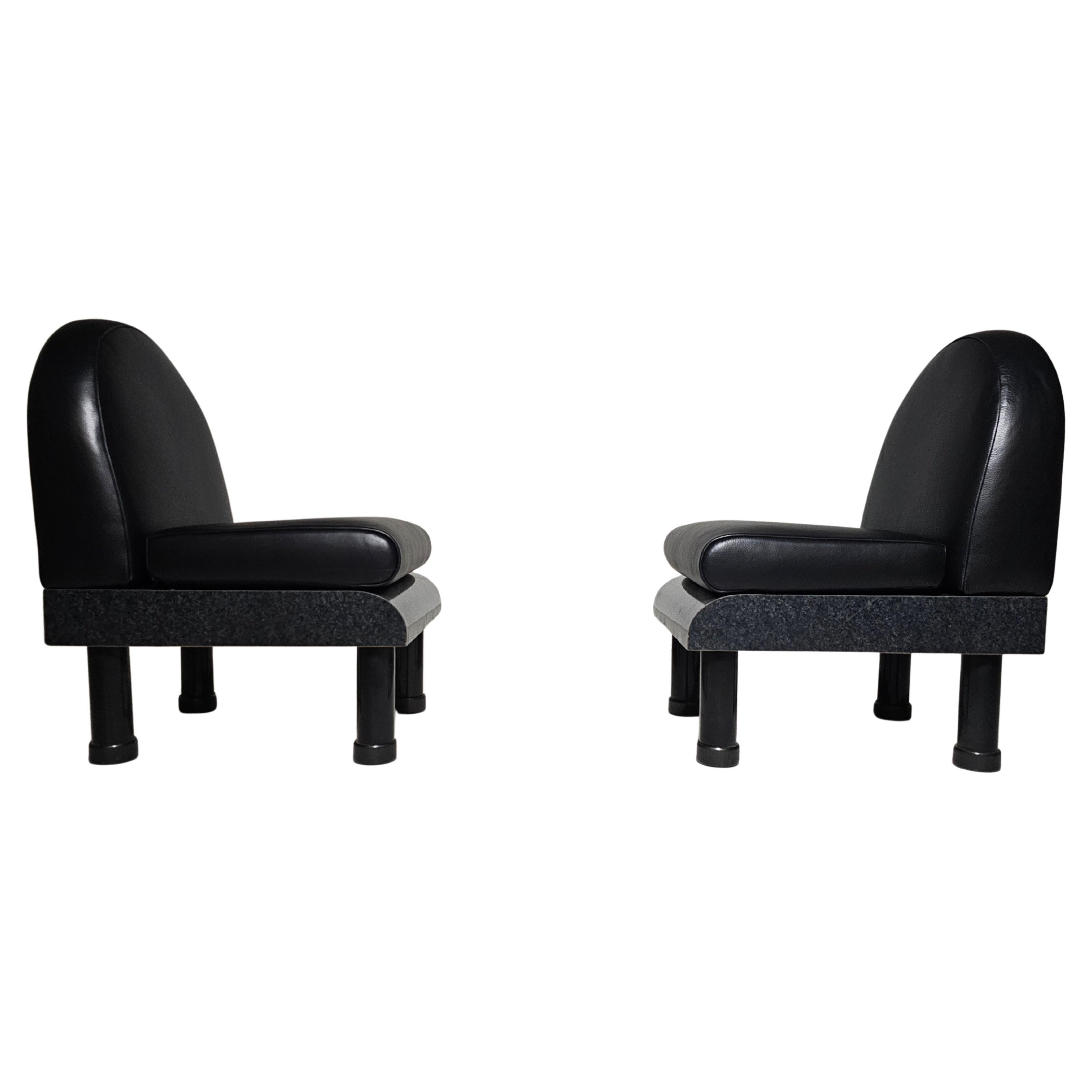 Memphis style black leather lounge chairs in the manner of Ettore Sottsass, 1980 For Sale