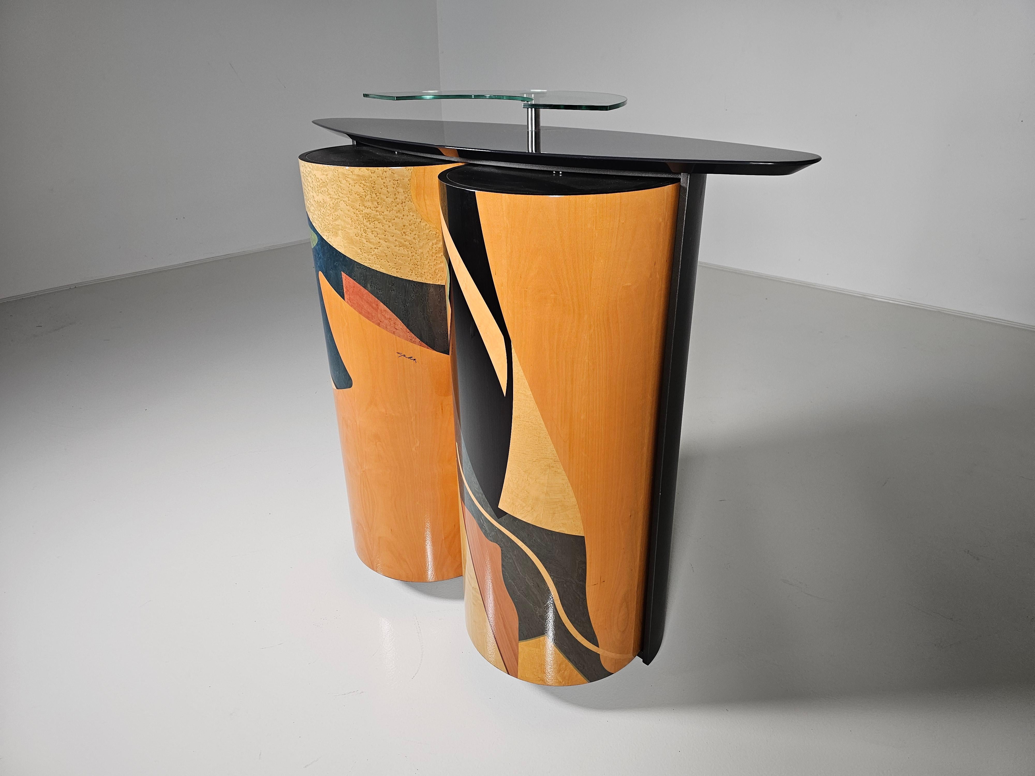 Inlay Memphis style Dry bar with geomatric burl wood art base by Carlo Malnati, 1980s For Sale
