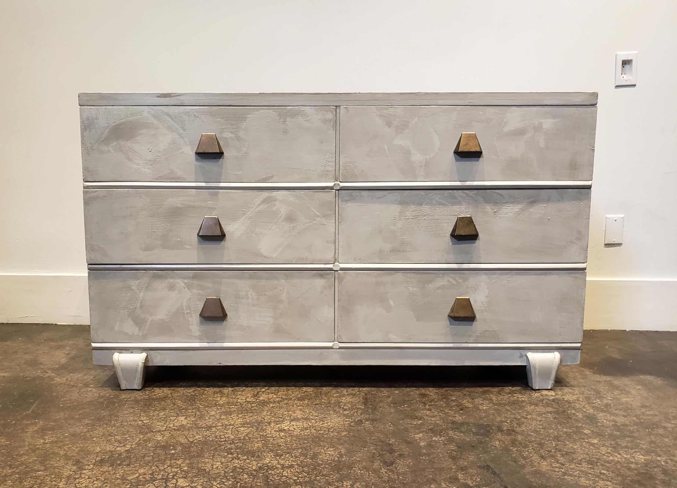 United Furniture 6-drawer dresser refinished in a faux concrete finish. Has unique trapezoidal brass pulls. Very 1980s Memphis Group. Matching nightstands are also available.