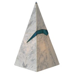 Vintage Memphis Style Faux Marble Pyramid Table Lamp with Semi-Transparent Blue Detail