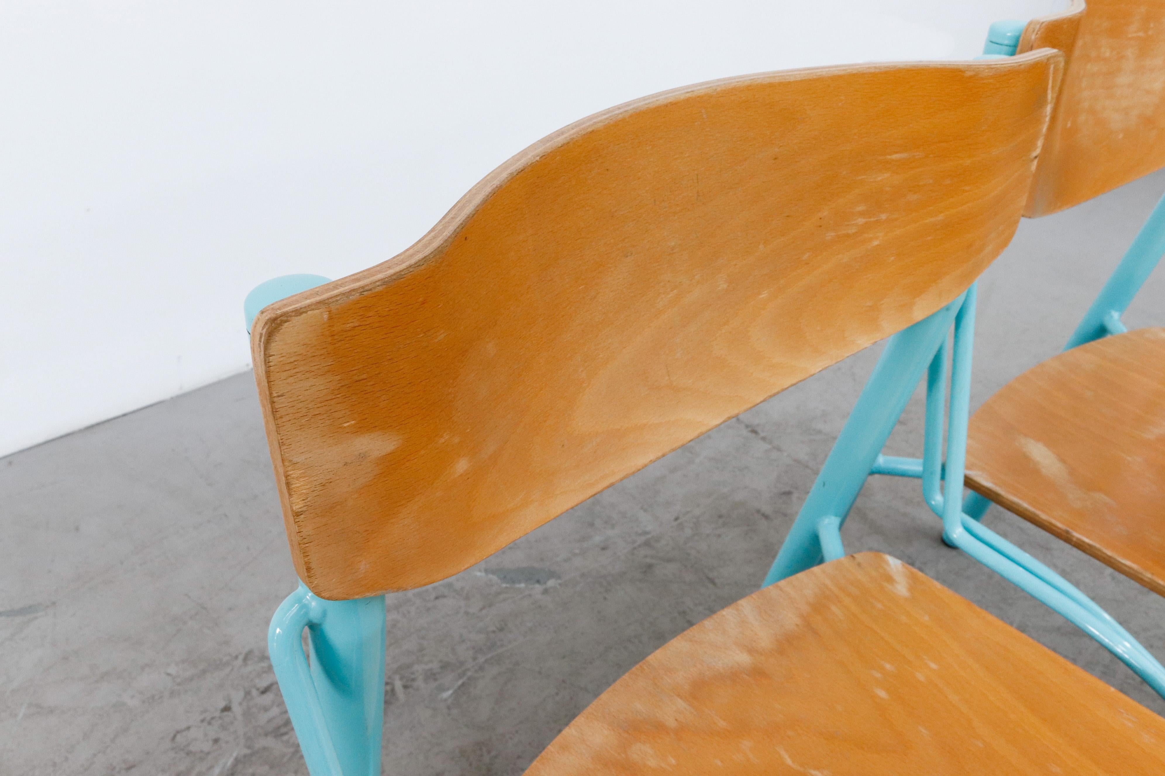Memphis Style Funky Plywood Stacking Chairs with Turquoise Frames 2