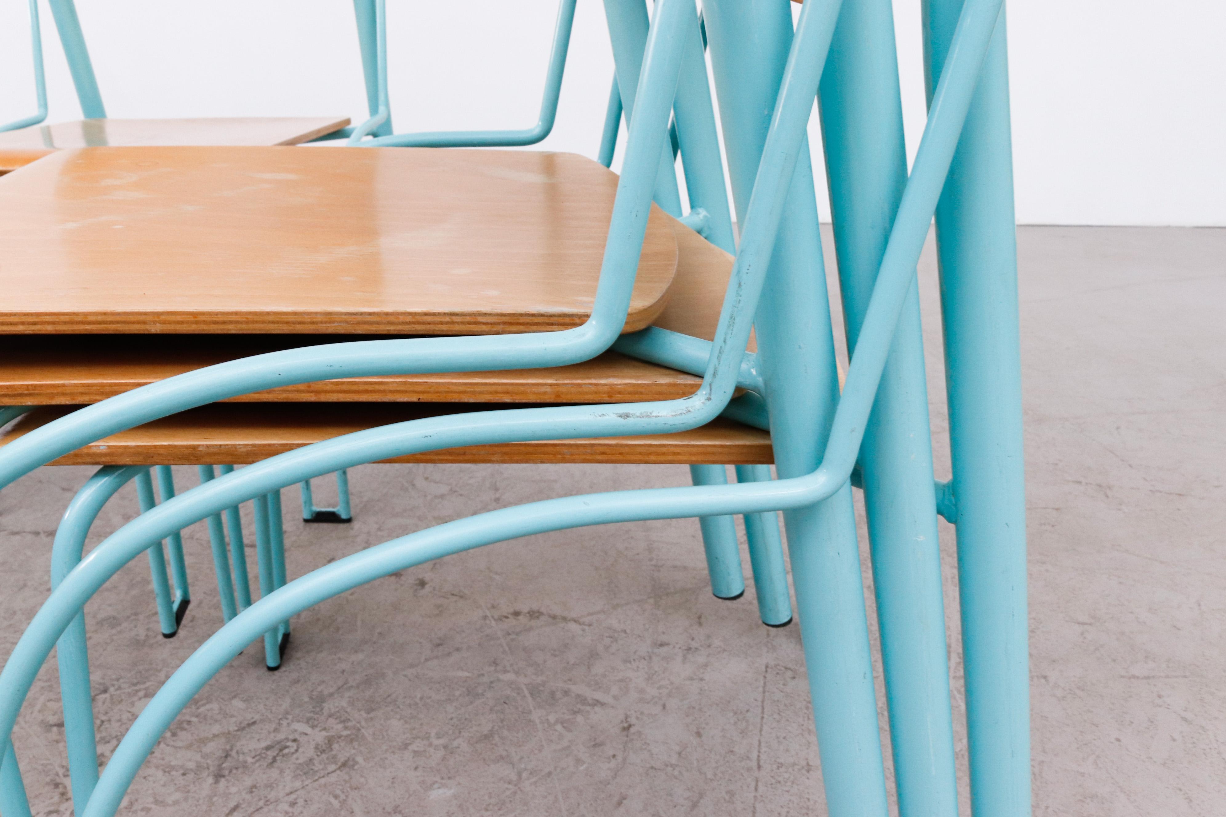 Memphis Style Funky Plywood Stacking Chairs with Turquoise Frames 5
