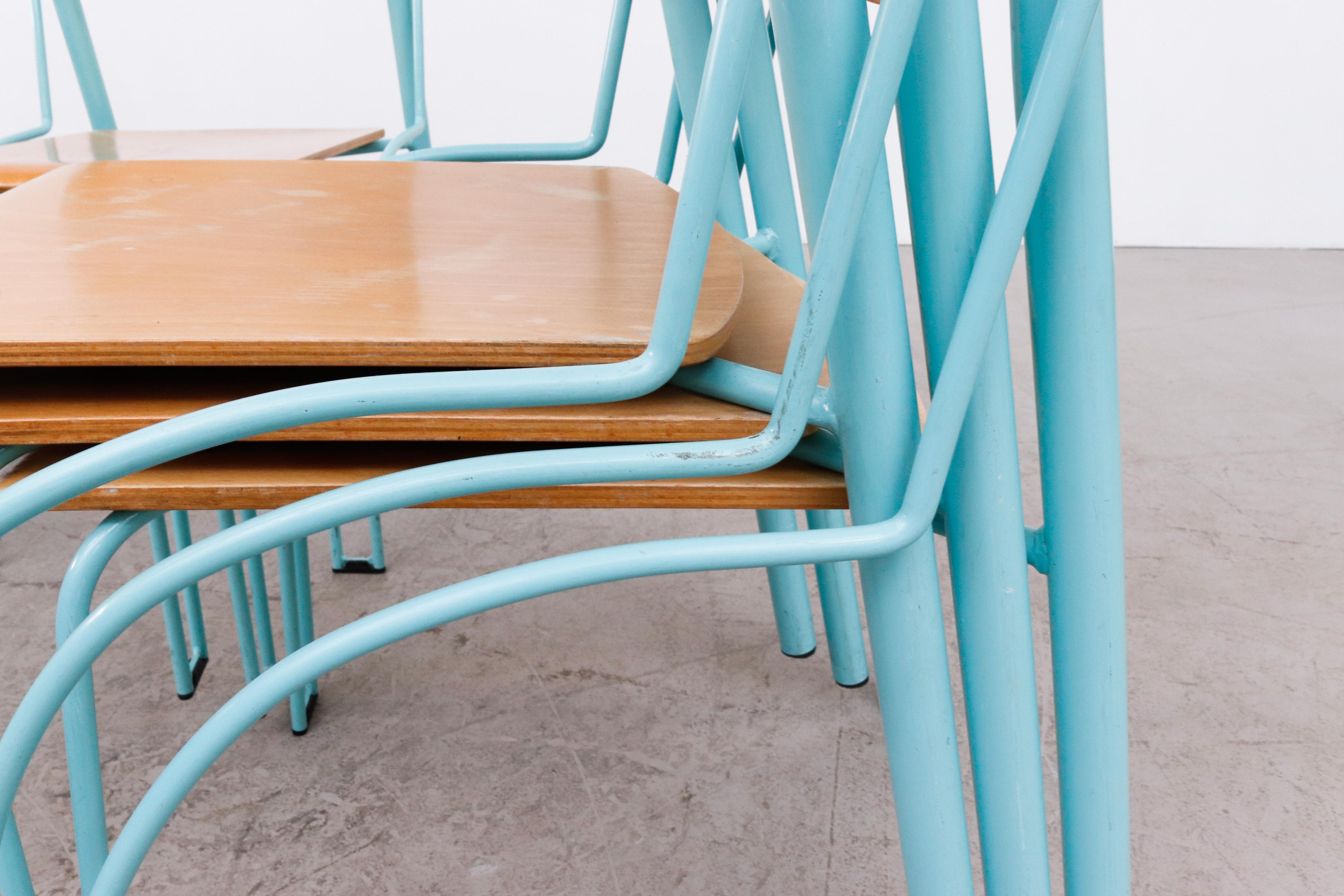 Memphis Style Funky Plywood Stacking Chairs with Turquoise Frames 6
