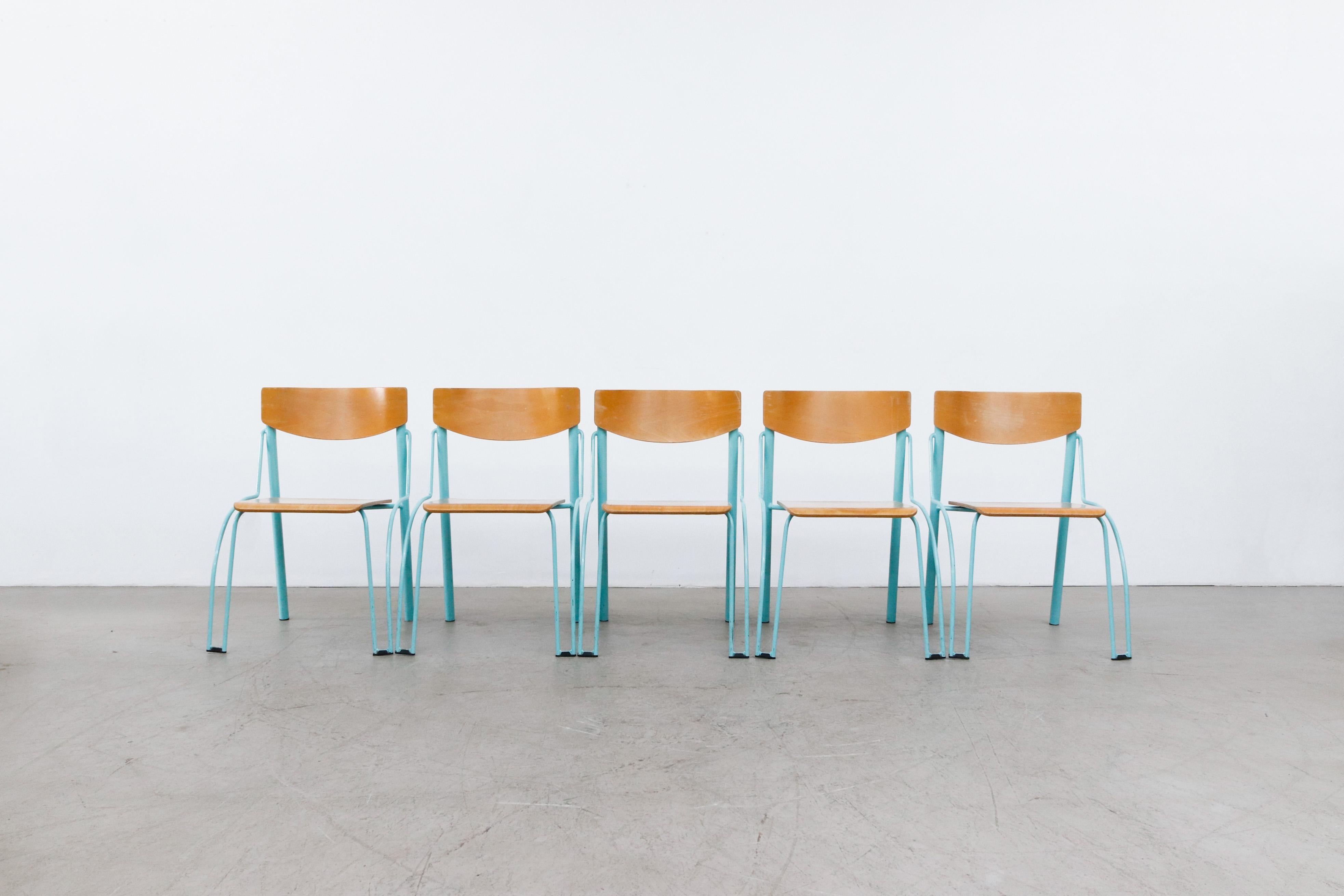 Funky plywood stacking chairs with Turquoise frames. In original condition with some signs of wear and enamel loss consistent with age and use. Listed individually.