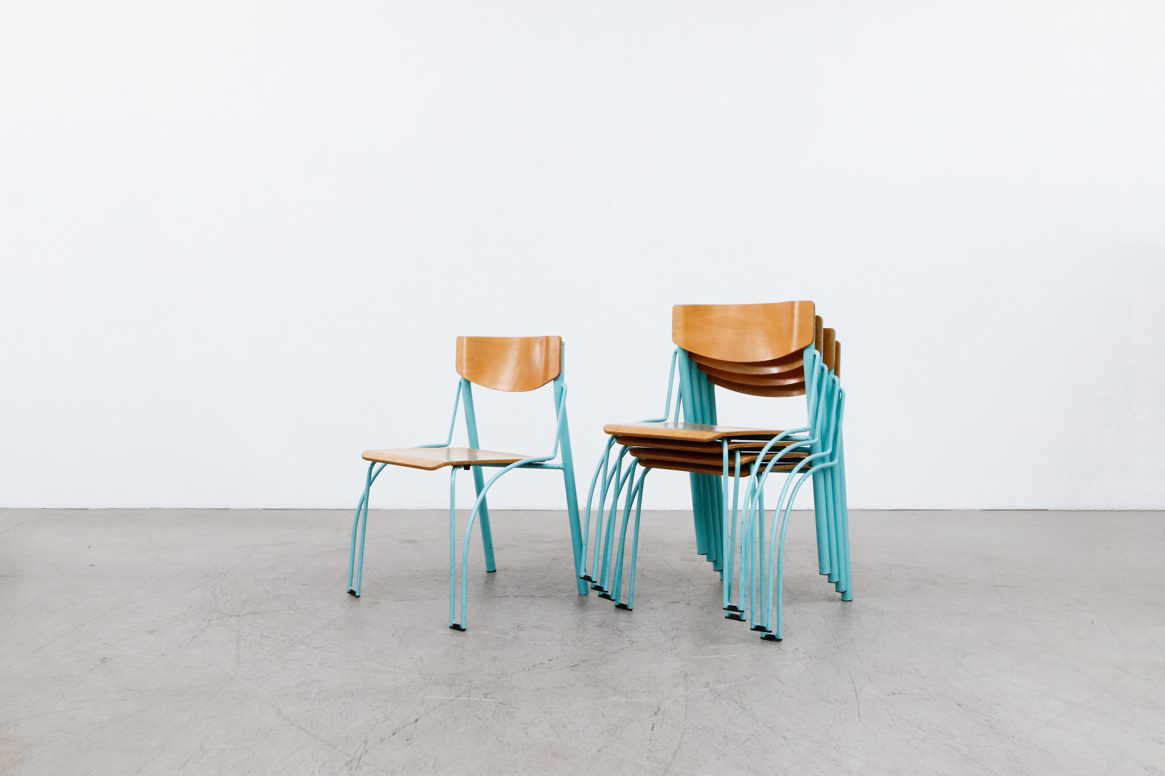 Post-Modern Memphis Style Funky Plywood Stacking Chairs with Turquoise Frames