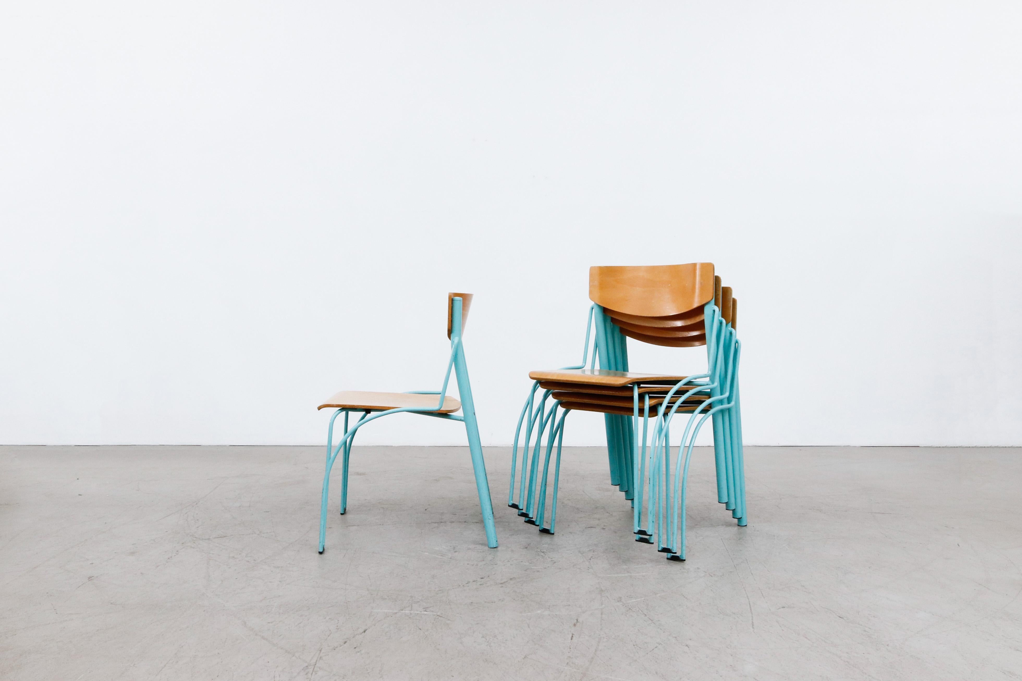 Dutch Memphis Style Funky Plywood Stacking Chairs with Turquoise Frames