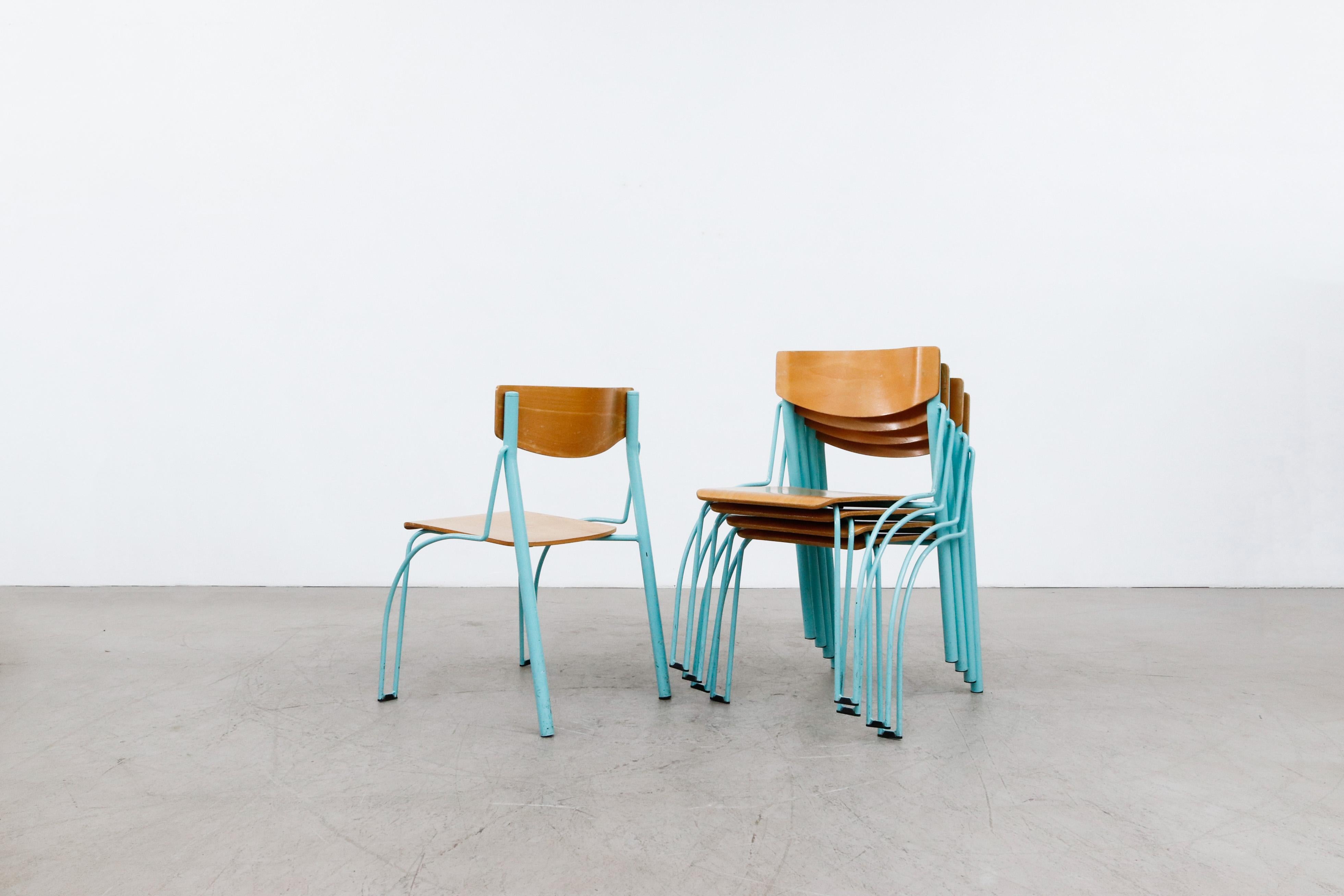Enameled Memphis Style Funky Plywood Stacking Chairs with Turquoise Frames