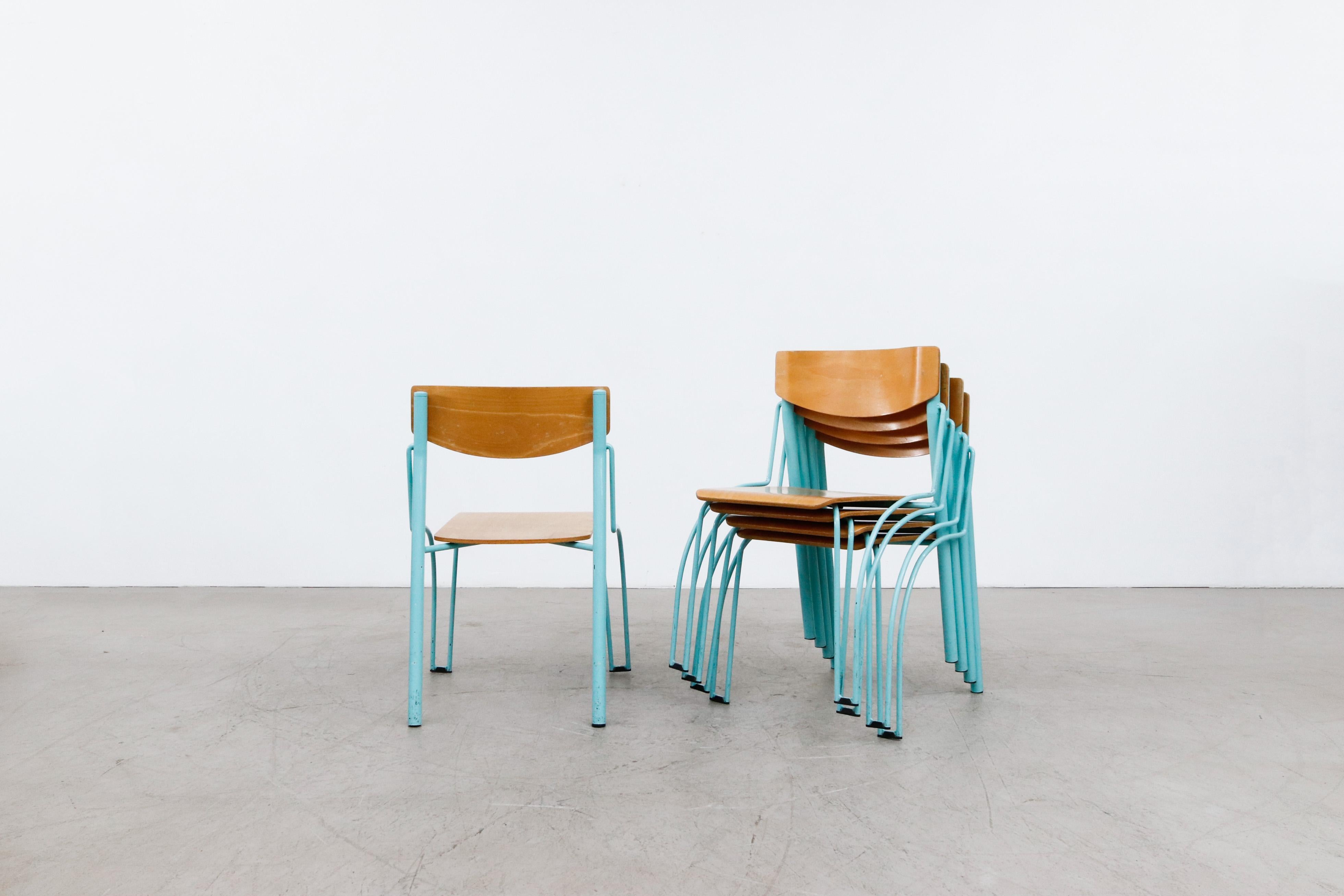 Memphis Style Funky Plywood Stacking Chairs with Turquoise Frames In Good Condition In Los Angeles, CA