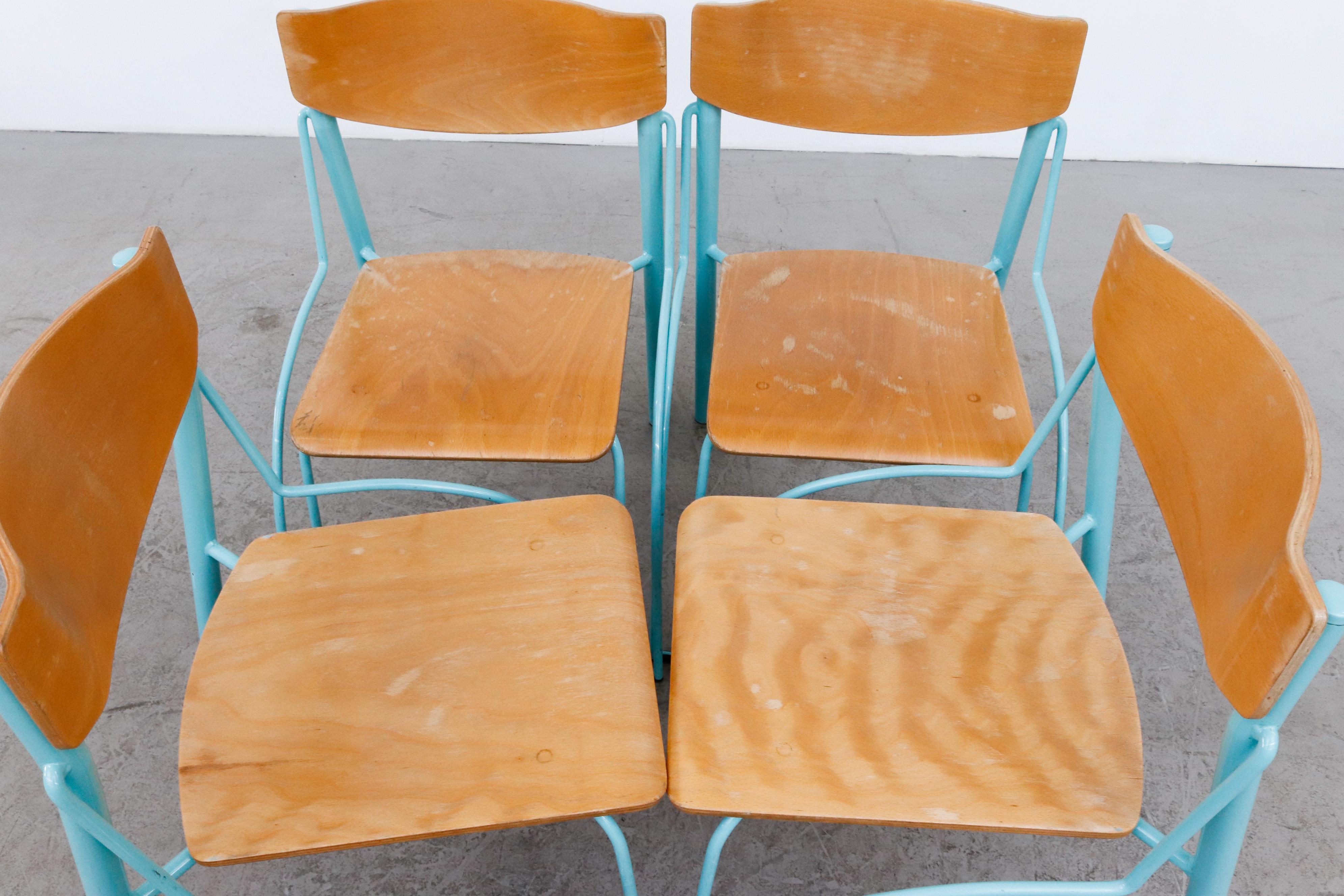 Late 20th Century Memphis Style Funky Plywood Stacking Chairs with Turquoise Frames