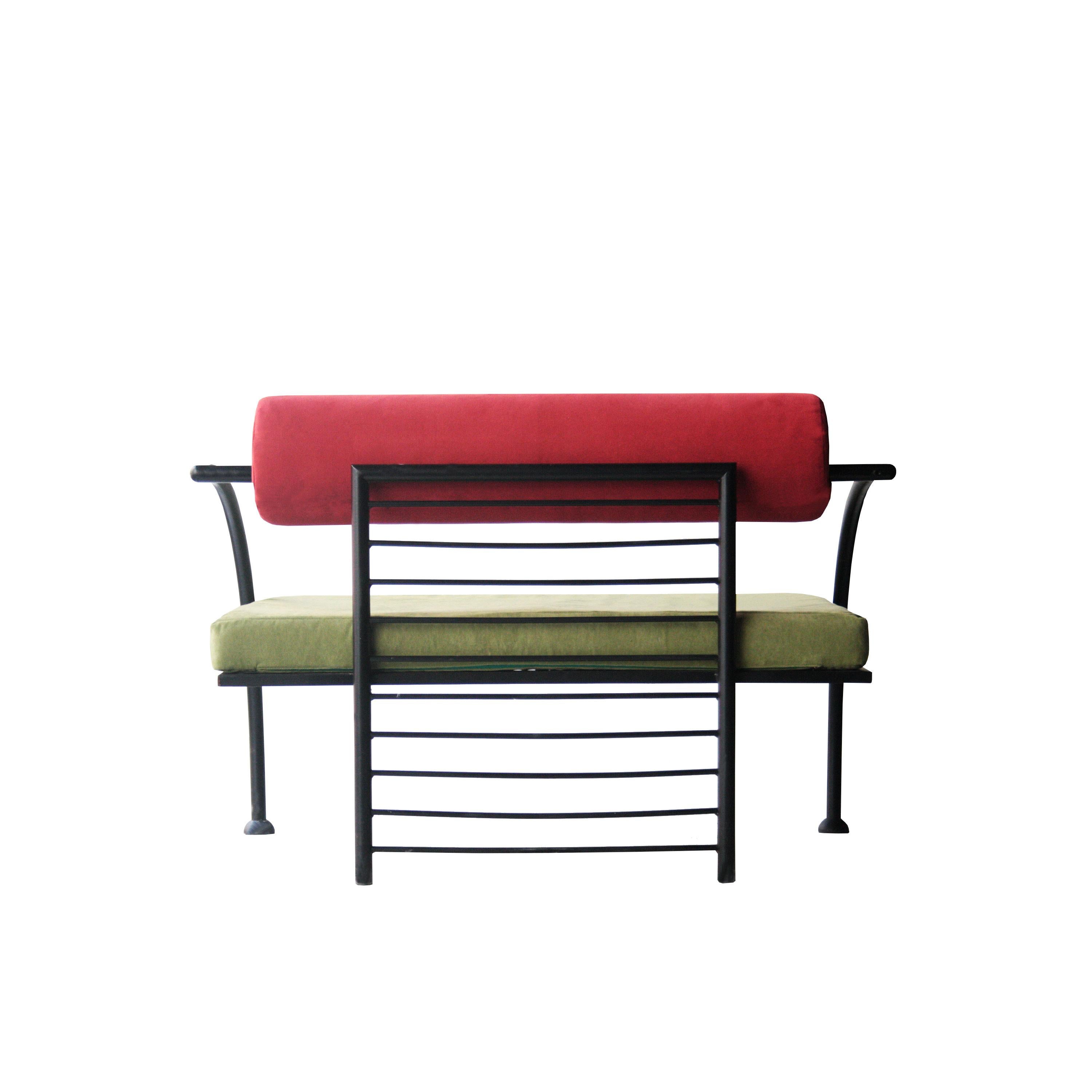 Mid-Century Modern Memphis Style Green Red Geometric Italian Seat Sofa, Italy, 1980