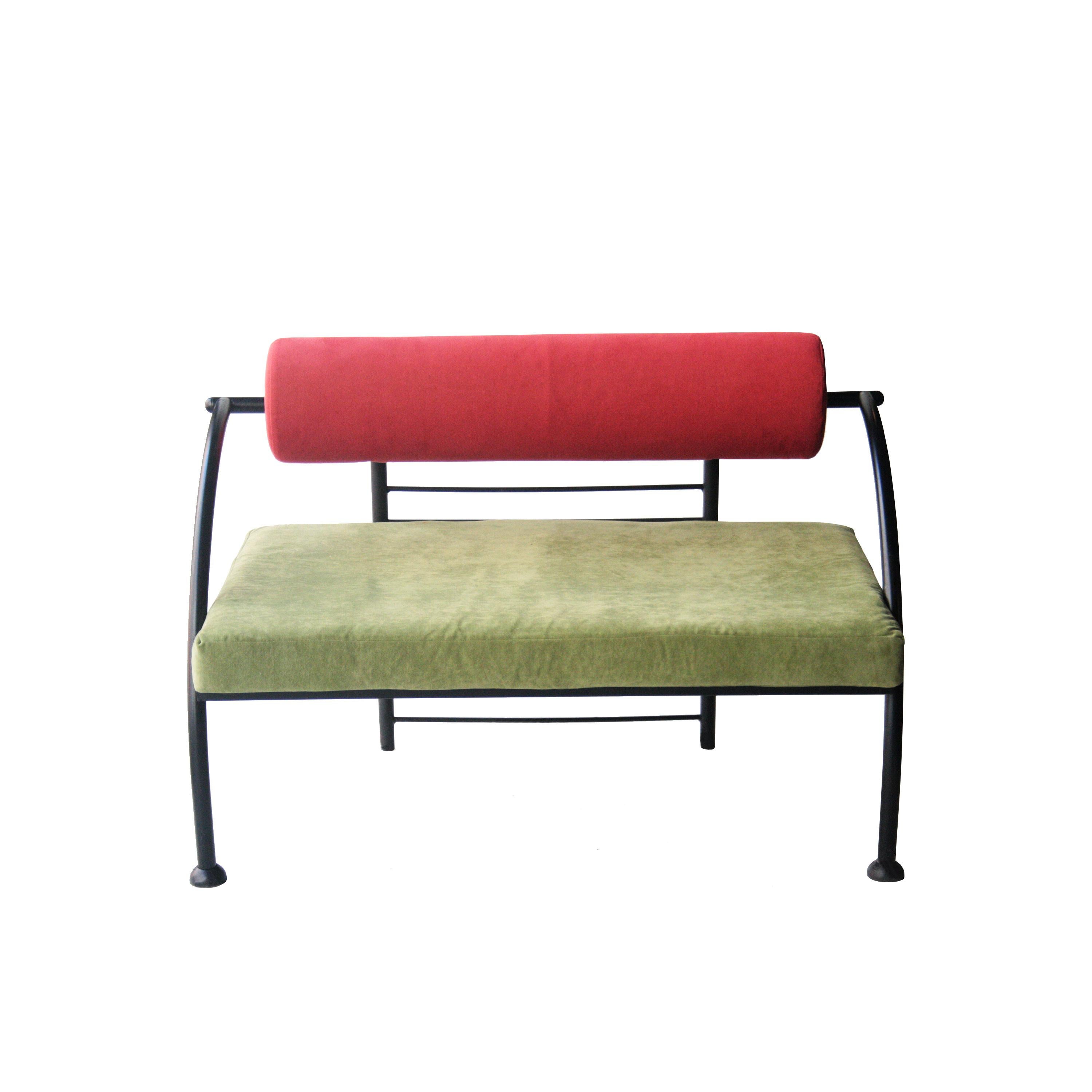 Lacquered Memphis Style Green Red Geometric Italian Seat Sofa, Italy, 1980