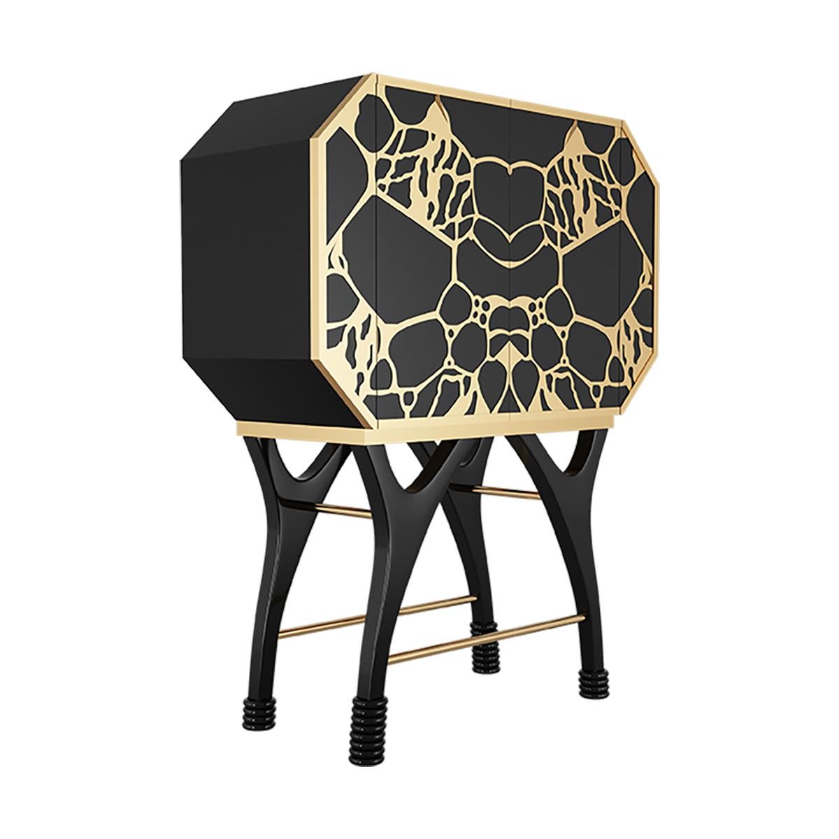 Roma Bar Cabinet is an exclusive furniture piece inspired by the Memphis Style. This luxury cupboard is a must-have for any design lover that wants to make its house a living design experience.
Materials: Structure black lacquered in gloss; Front