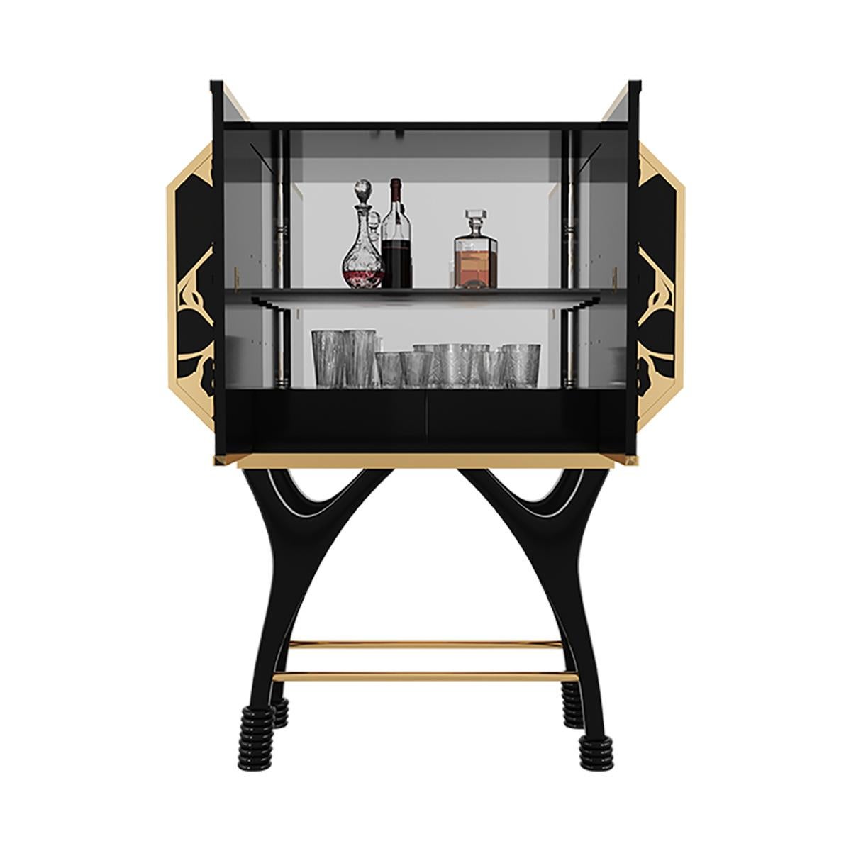 Portuguese 21st Century Butterfly Bar Cabinet In Black Lacquer & Gold Polished Brass For Sale