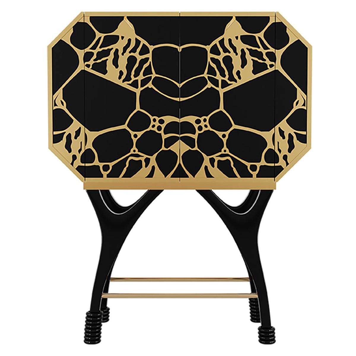 21st Century Butterfly Bar Cabinet In Black Lacquer & Gold Polished Brass