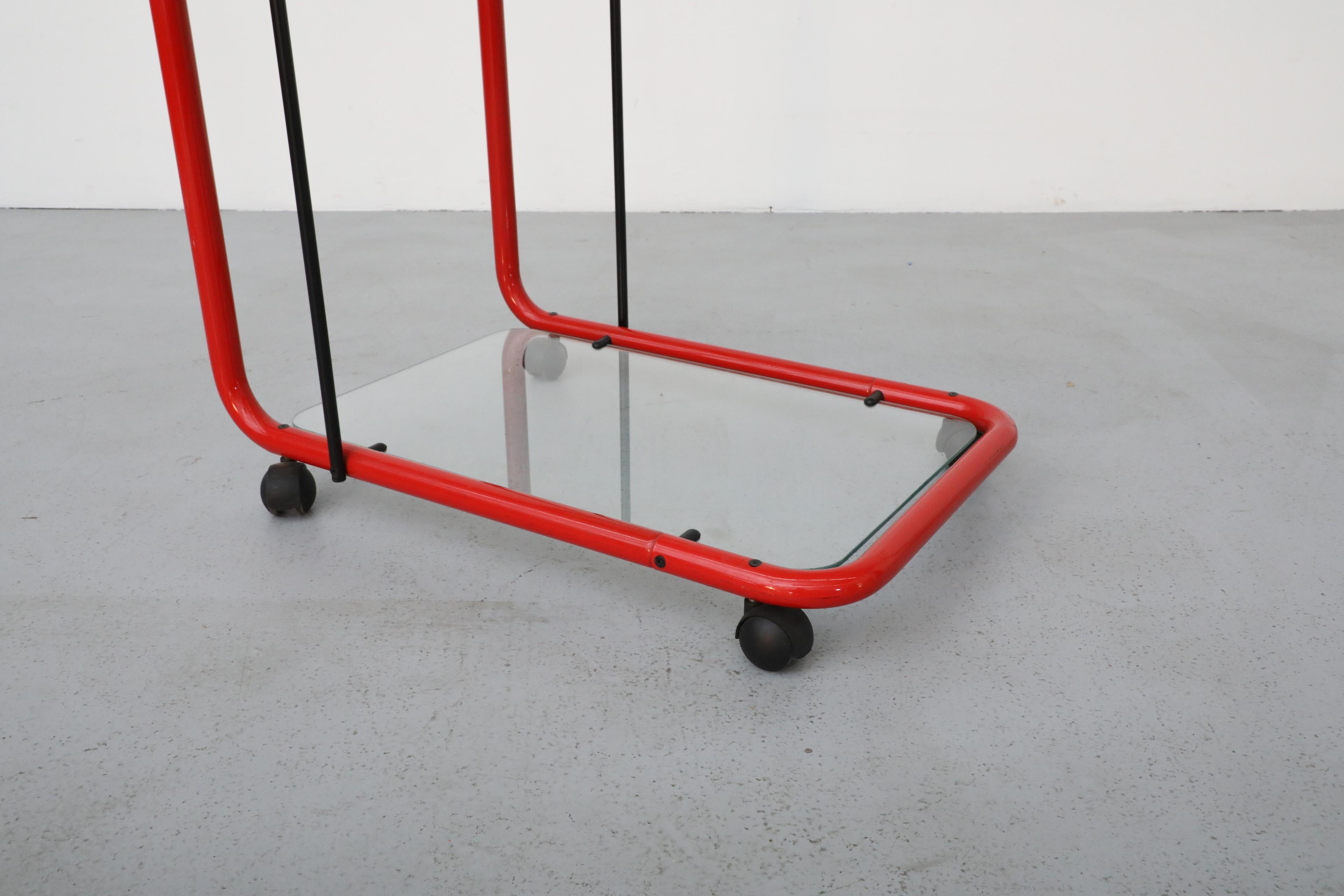 Memphis Style Post Modern Red Framed Two Tier Rolling Bar Cart with Grid Glass For Sale 3
