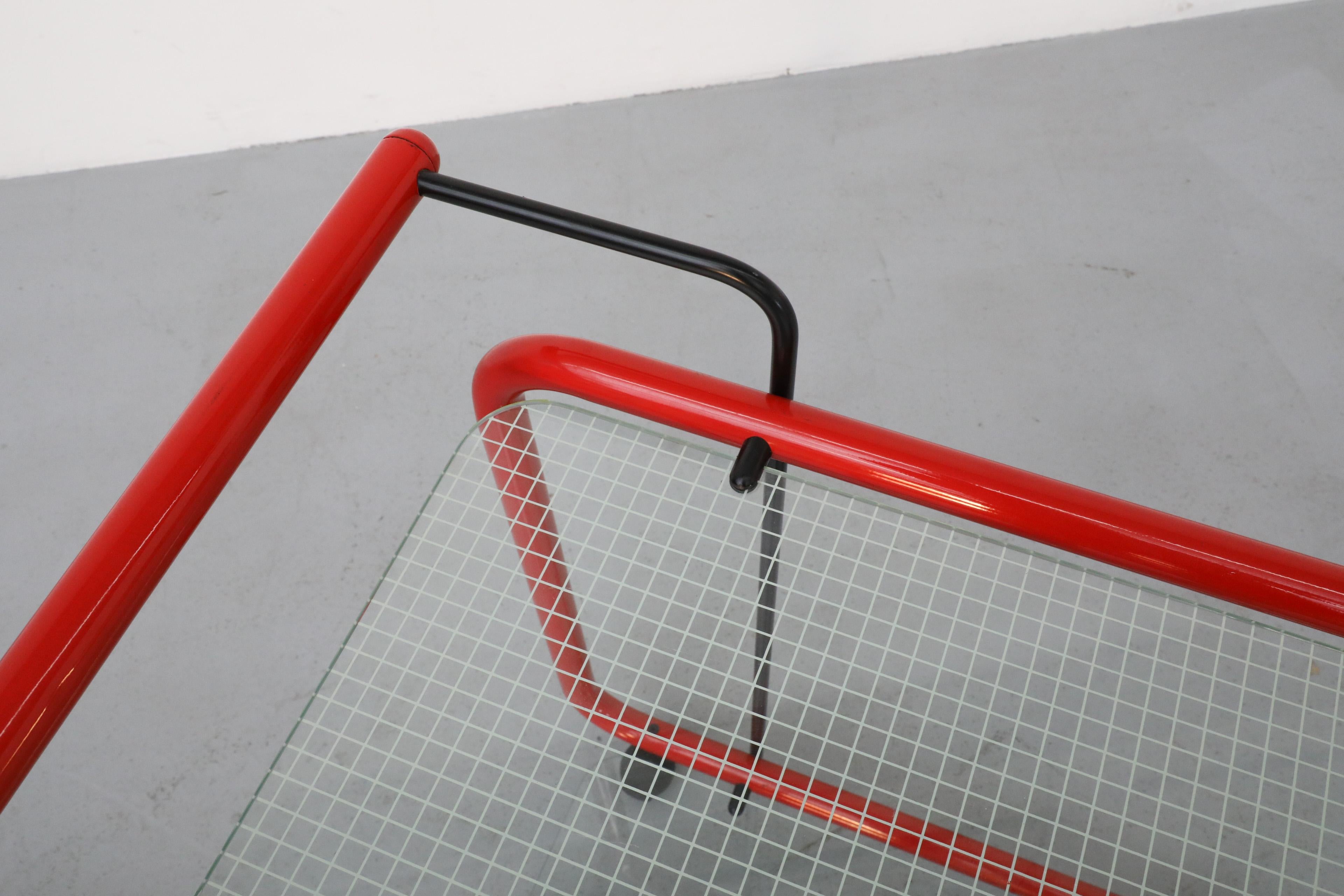 Memphis Style Post Modern Red Framed Two Tier Rolling Bar Cart with Grid Glass For Sale 4
