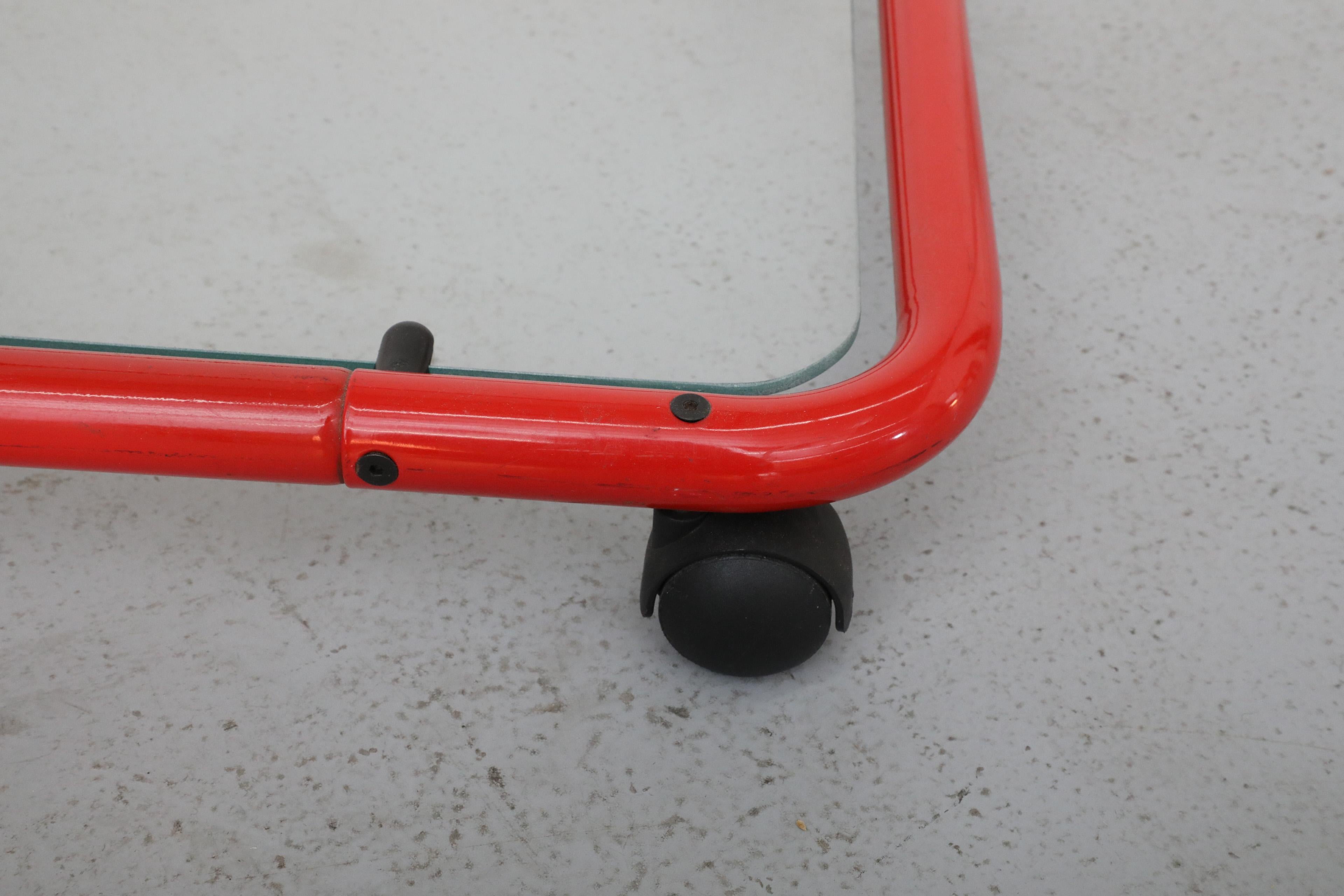 Memphis Style Post Modern Red Framed Two Tier Rolling Bar Cart with Grid Glass For Sale 7