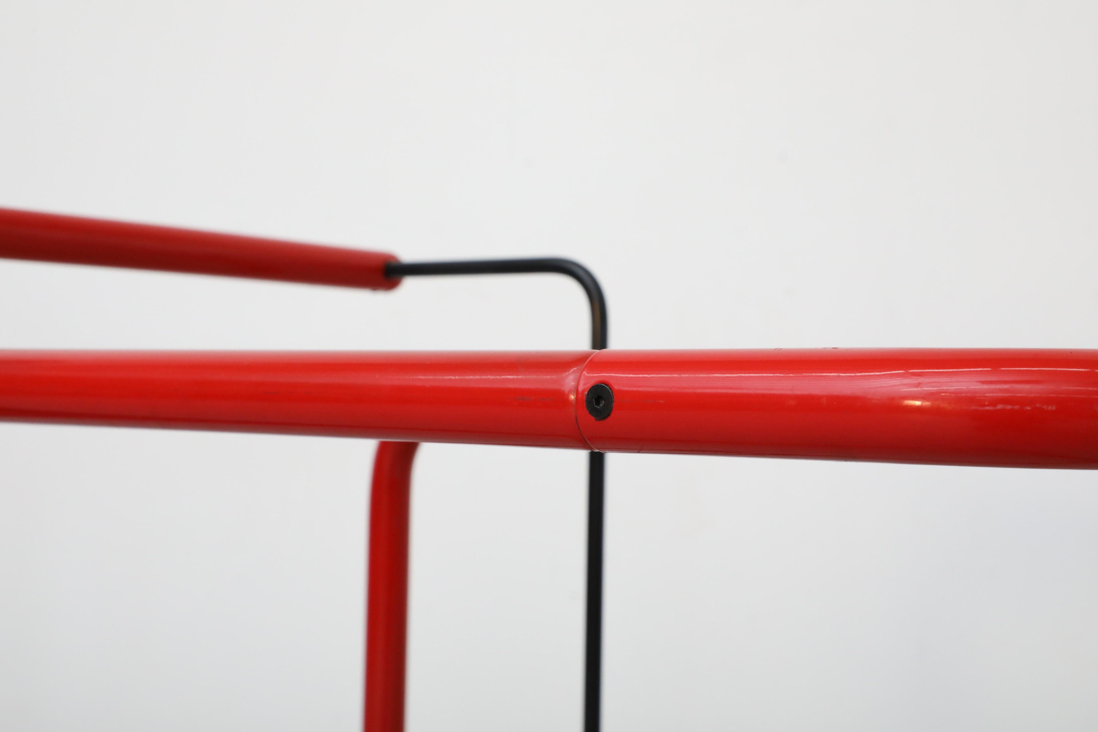 Memphis Style Post Modern Red Framed Two Tier Rolling Bar Cart with Grid Glass For Sale 10