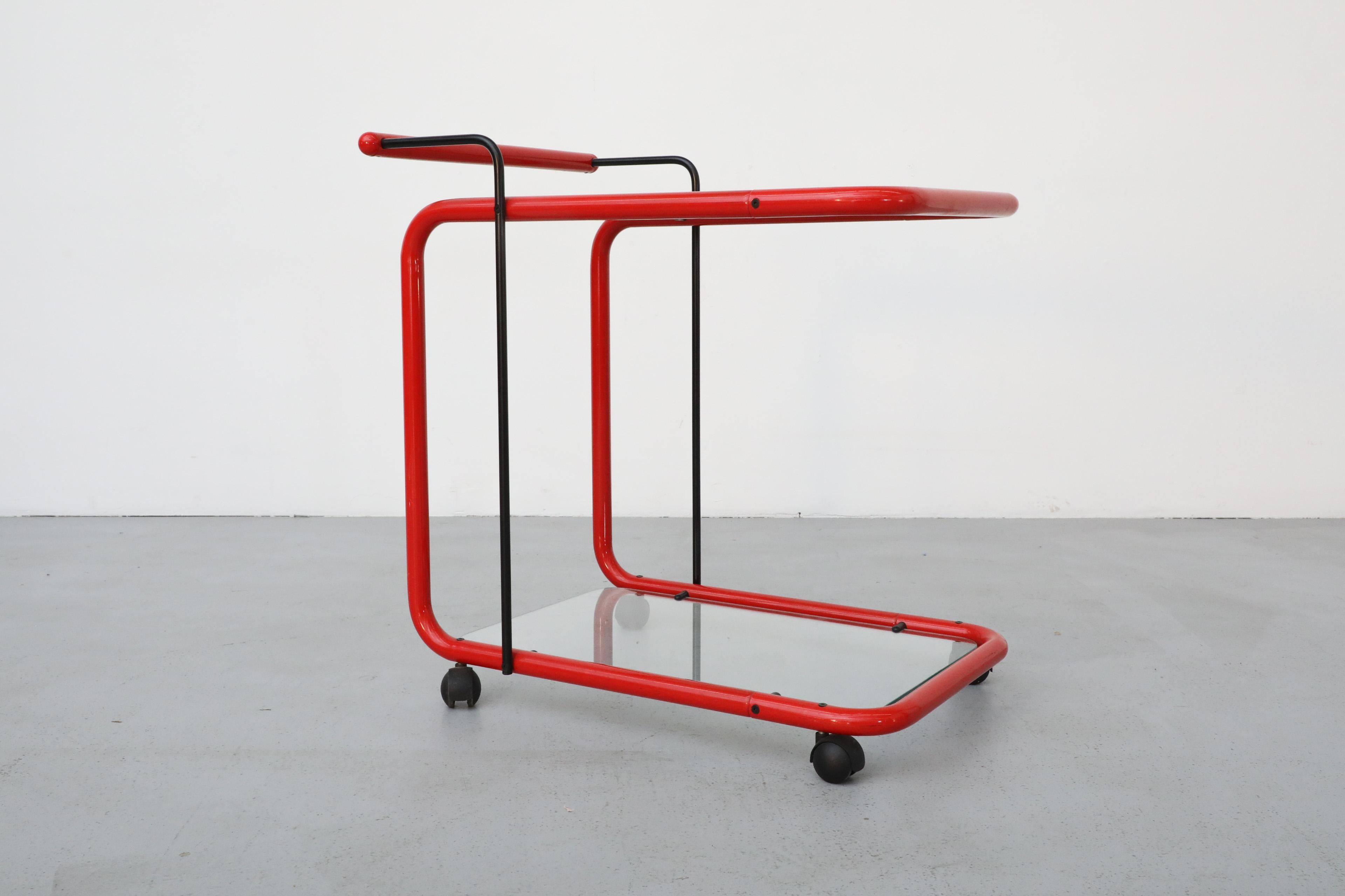 Memphis Style Post Modern Red Framed Two Tier Rolling Bar Cart with Grid Glass For Sale 11