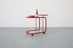 Memphis Style Post Modern Red Framed Two Tier Rolling Bar Cart with Grid Glass