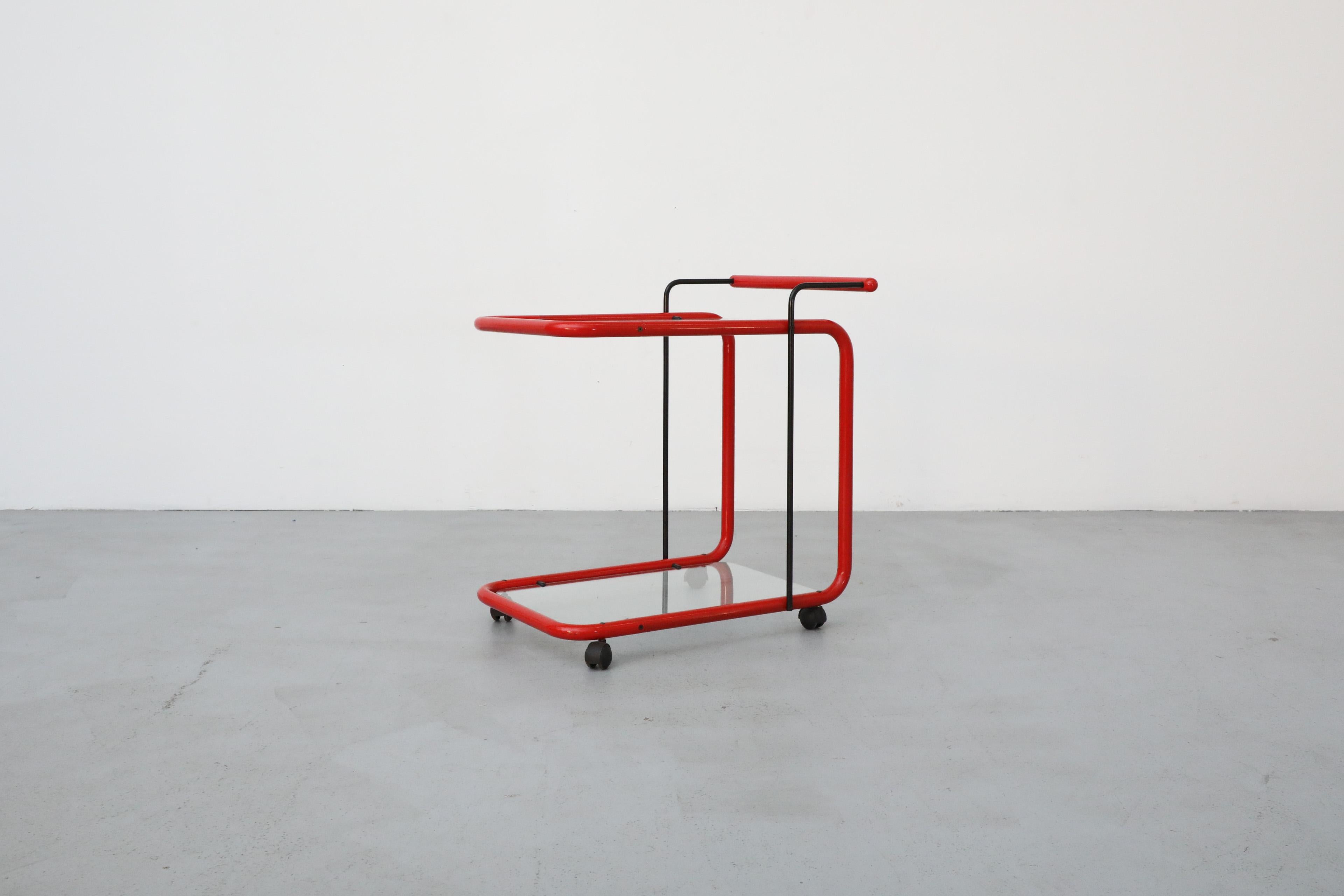 Post-Modern Memphis Style Post Modern Red Framed Two Tier Rolling Bar Cart with Grid Glass For Sale