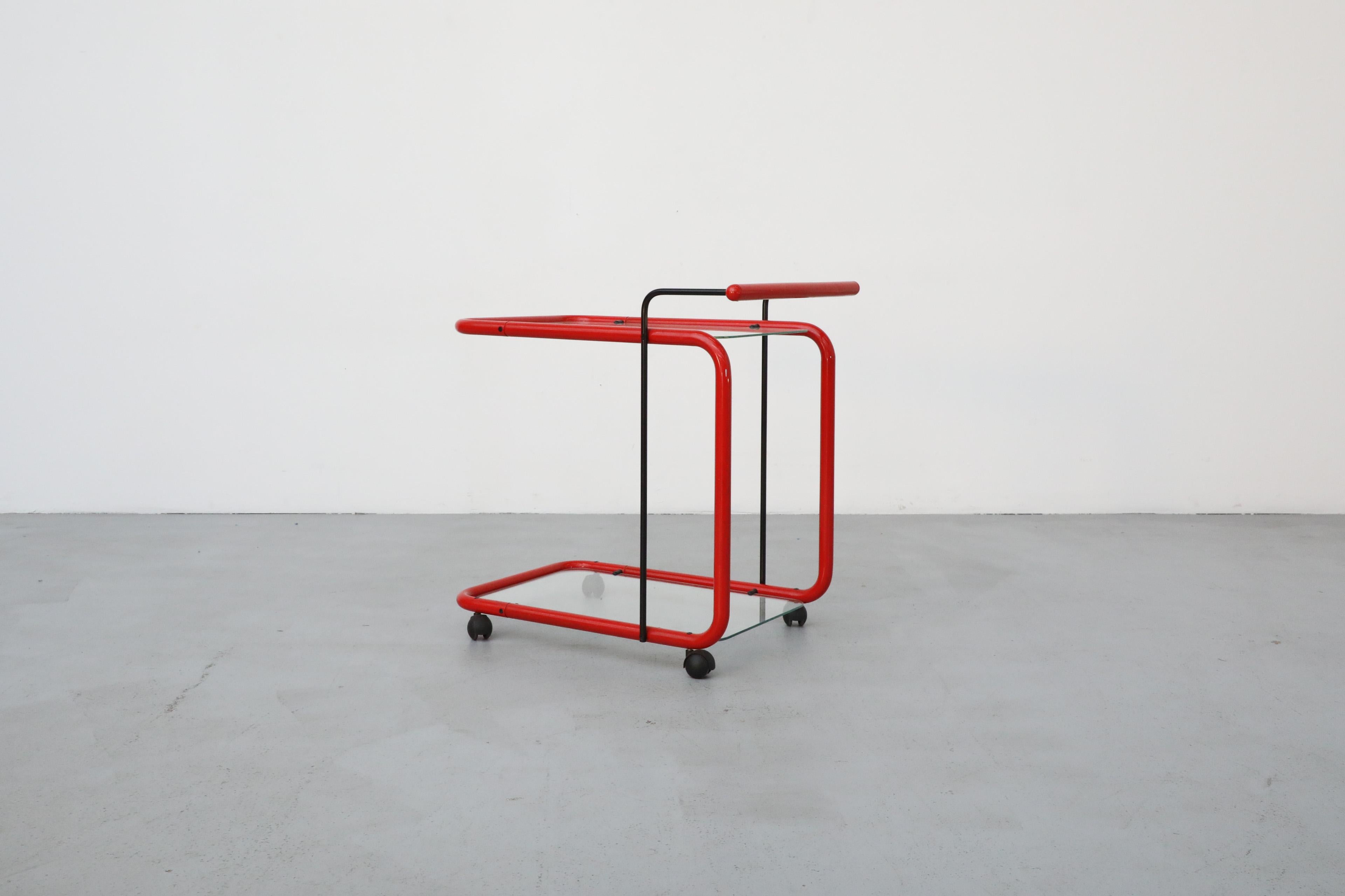 Memphis Style Post Modern Red Framed Two Tier Rolling Bar Cart with Grid Glass In Good Condition For Sale In Los Angeles, CA