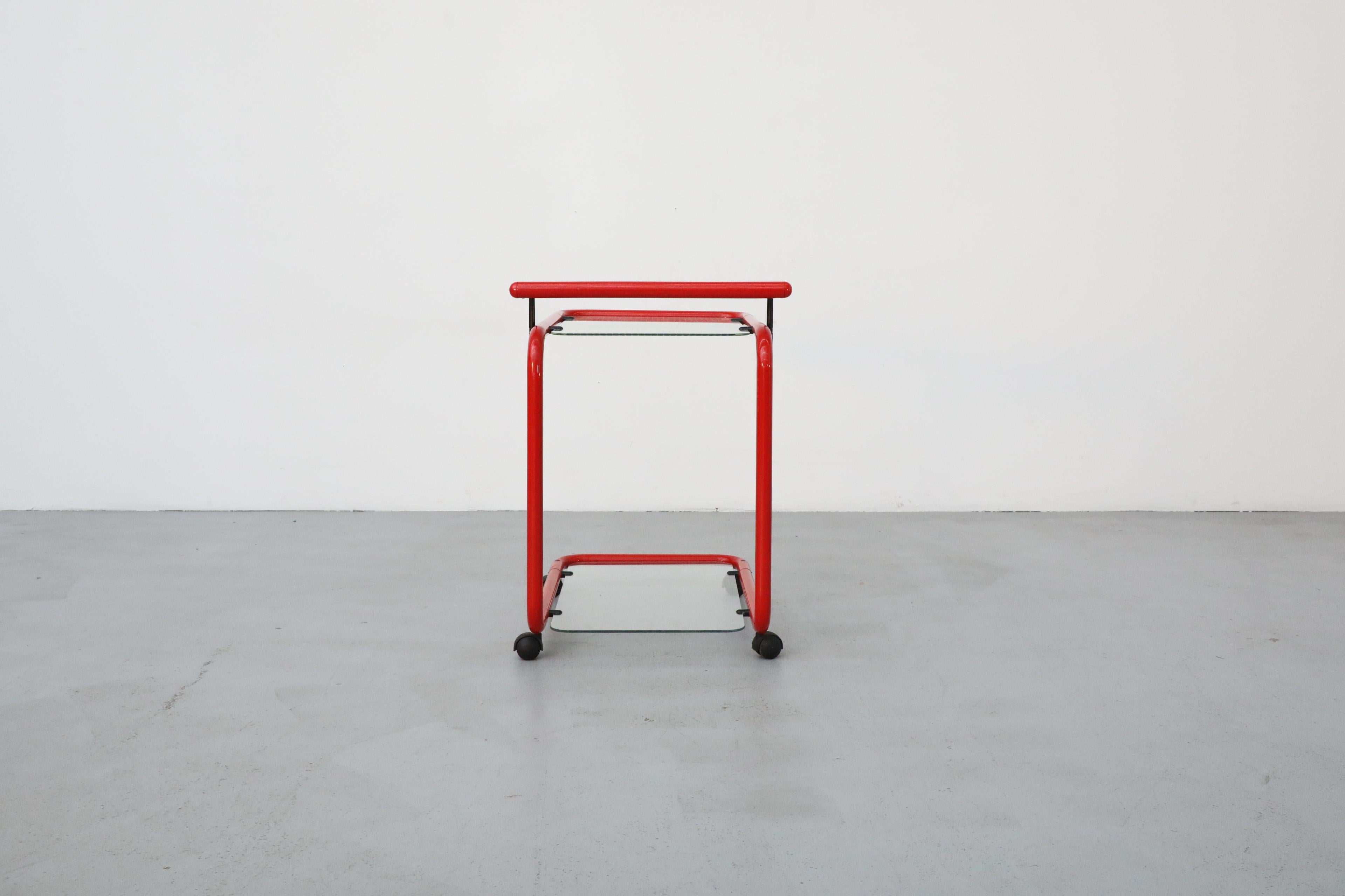Late 20th Century Memphis Style Post Modern Red Framed Two Tier Rolling Bar Cart with Grid Glass For Sale