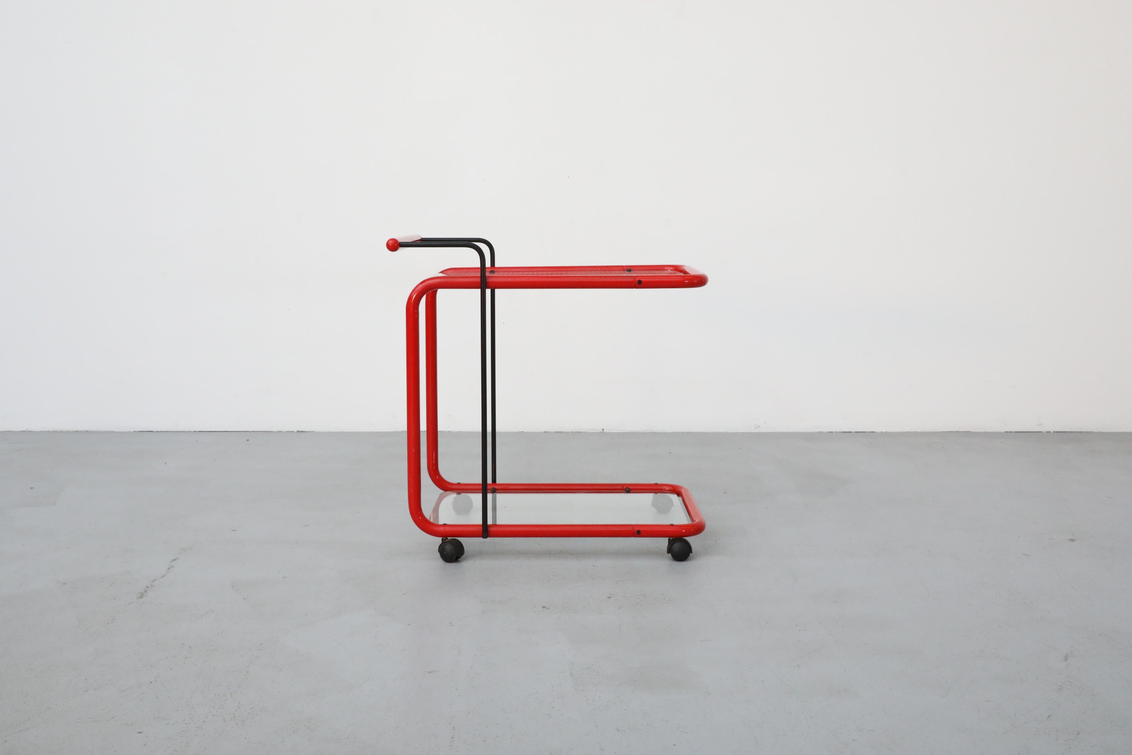 Metal Memphis Style Post Modern Red Framed Two Tier Rolling Bar Cart with Grid Glass For Sale
