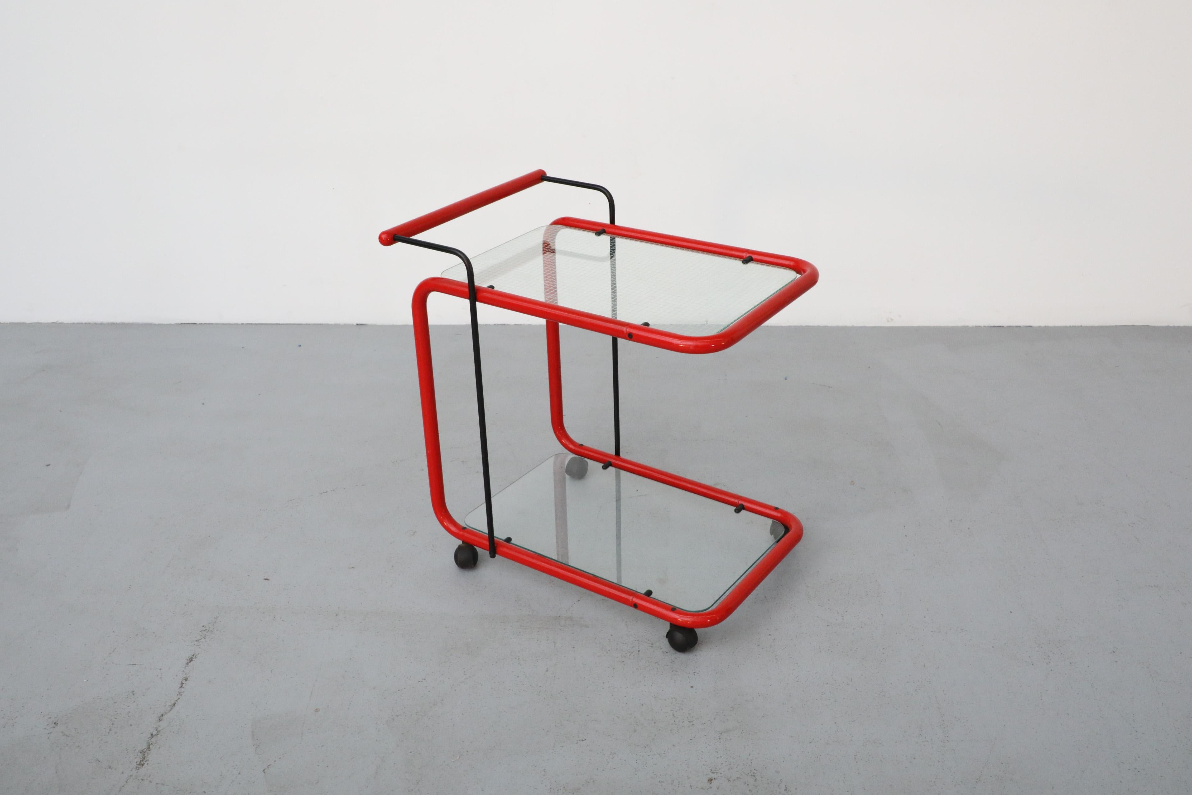 Memphis Style Post Modern Red Framed Two Tier Rolling Bar Cart with Grid Glass For Sale 1